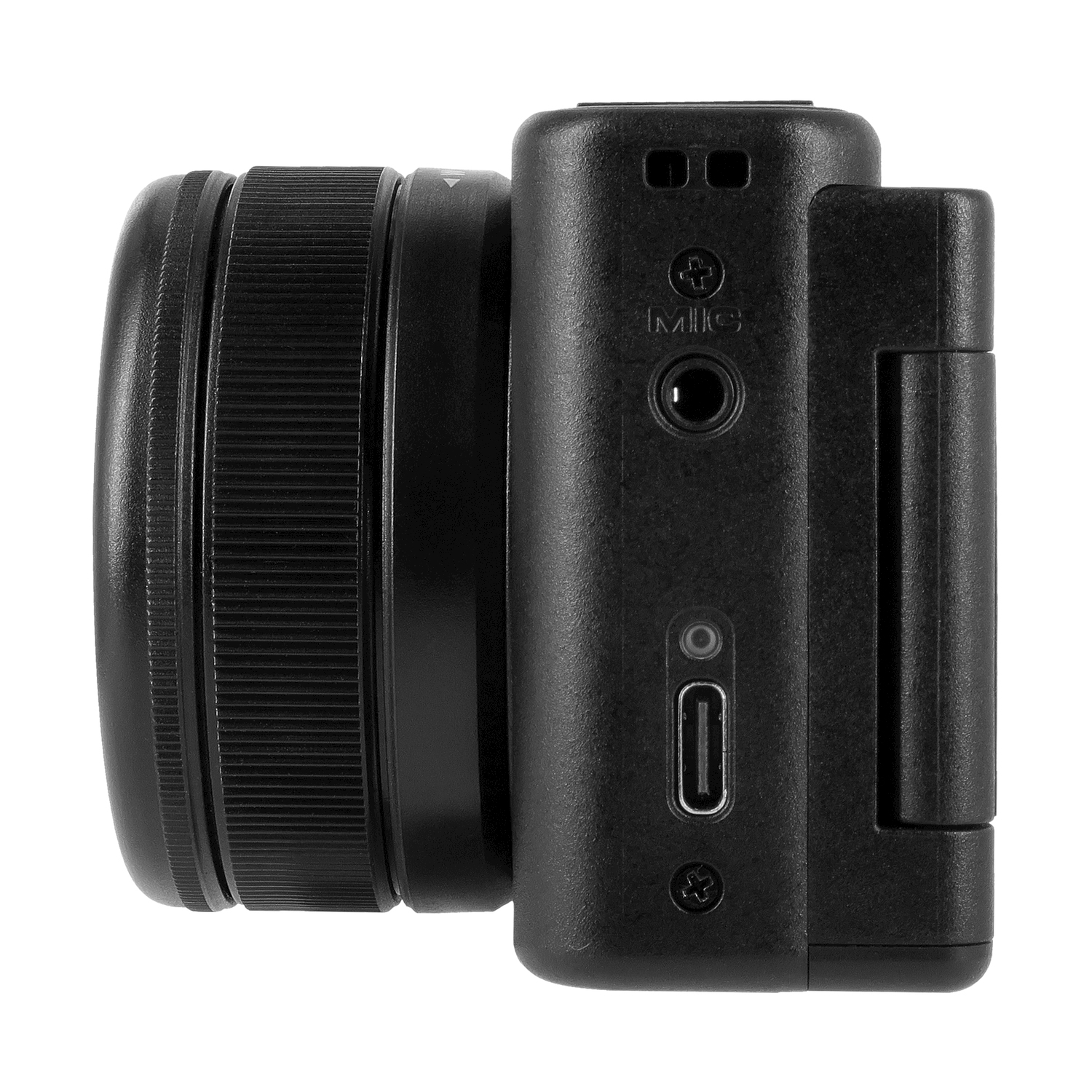 Una vista laterale di una fotocamera nera, con obiettivo, microfono e porta USB visibili.