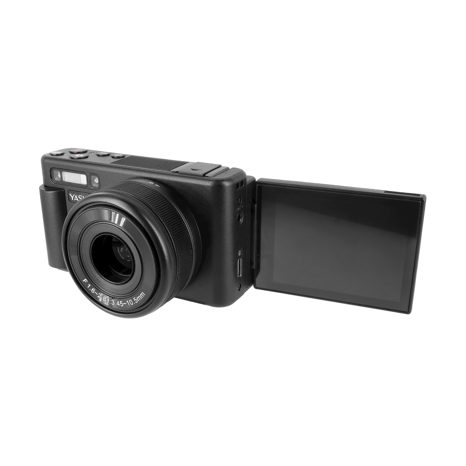 Fotocamera nera con schermo aperto. L'obiettivo è a fuoco. Sfondo bianco.