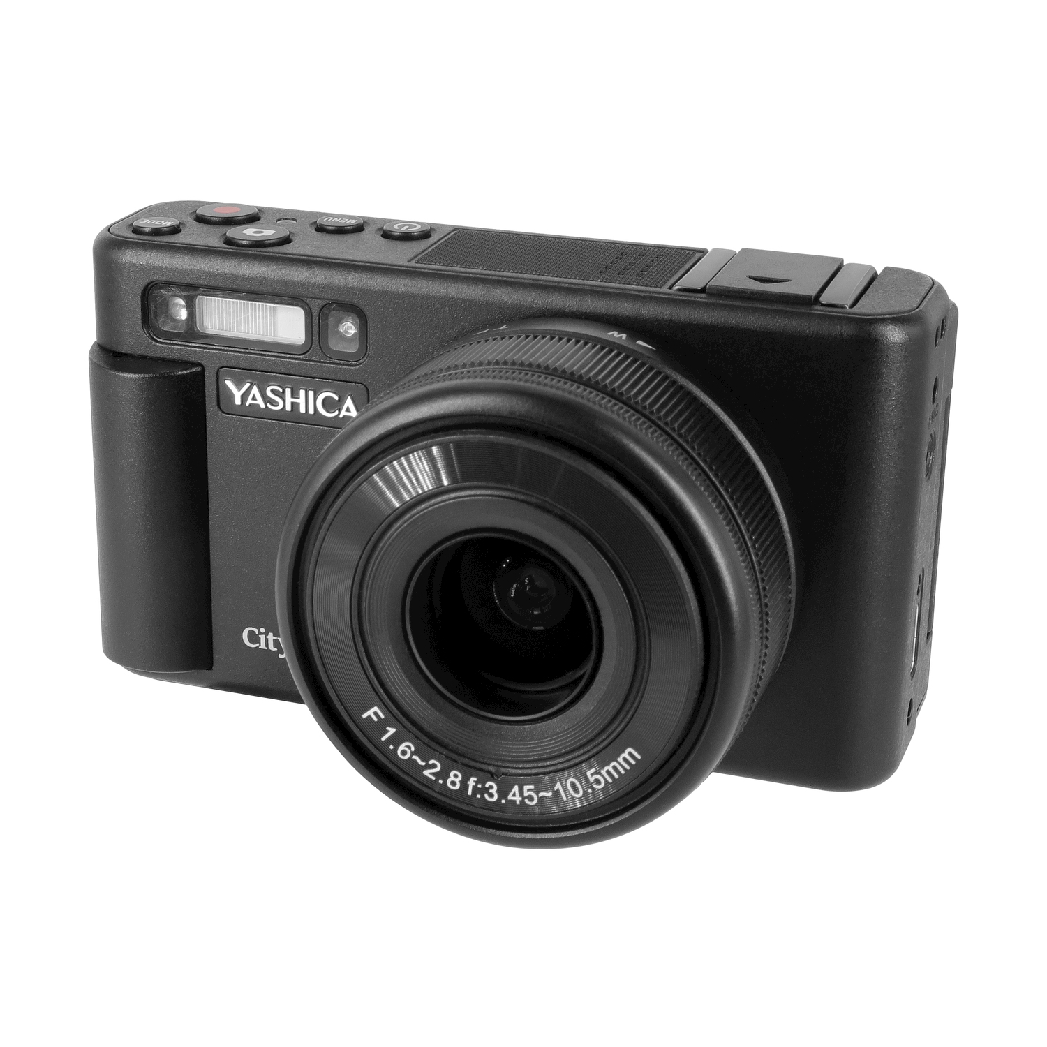 Una fotocamera Yashica City nera, con obiettivo e pulsanti sopra, isolata su sfondo bianco.