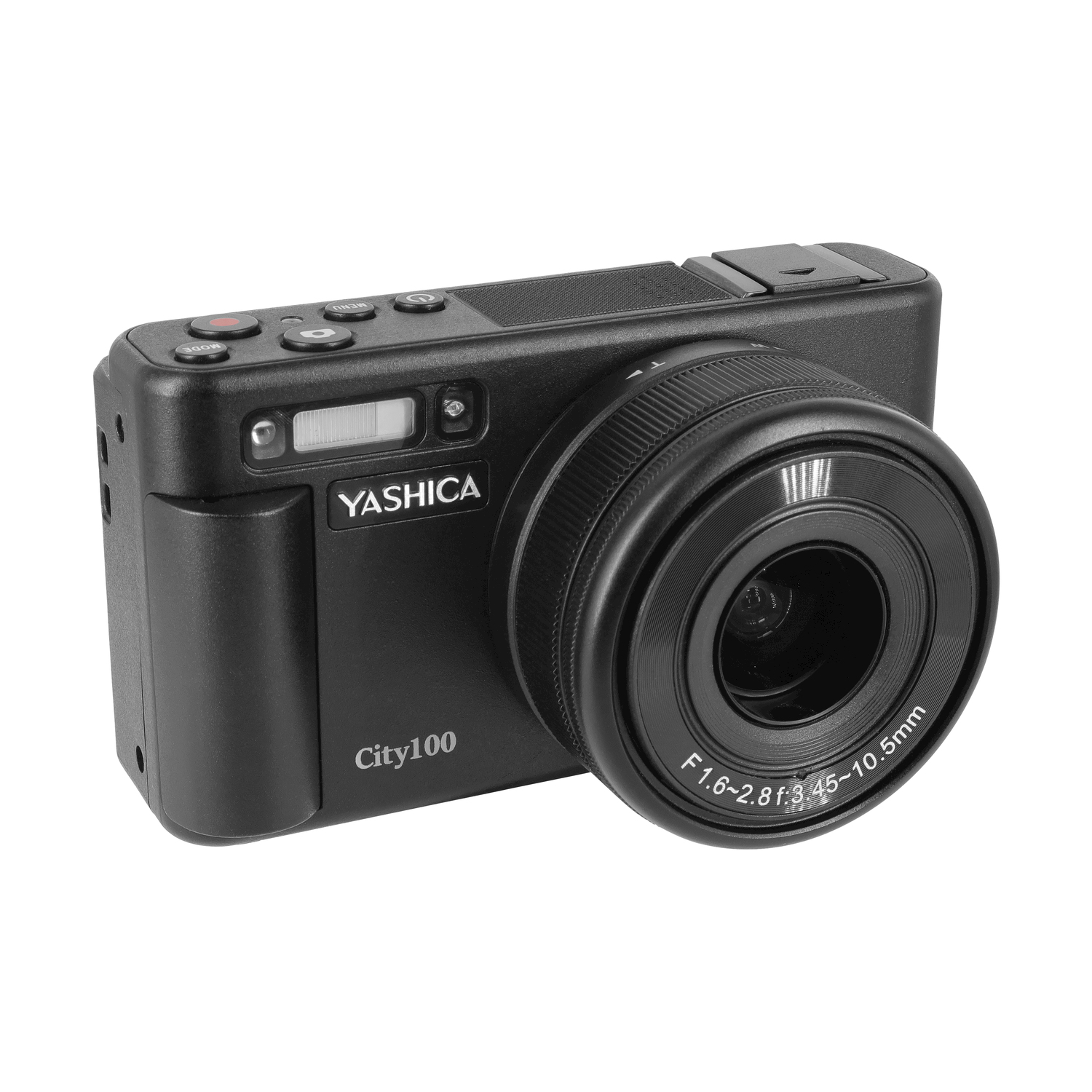 Fotocamera Yashica City100 nera, vista angolata, dettagli dell'obiettivo, sfondo bianco.