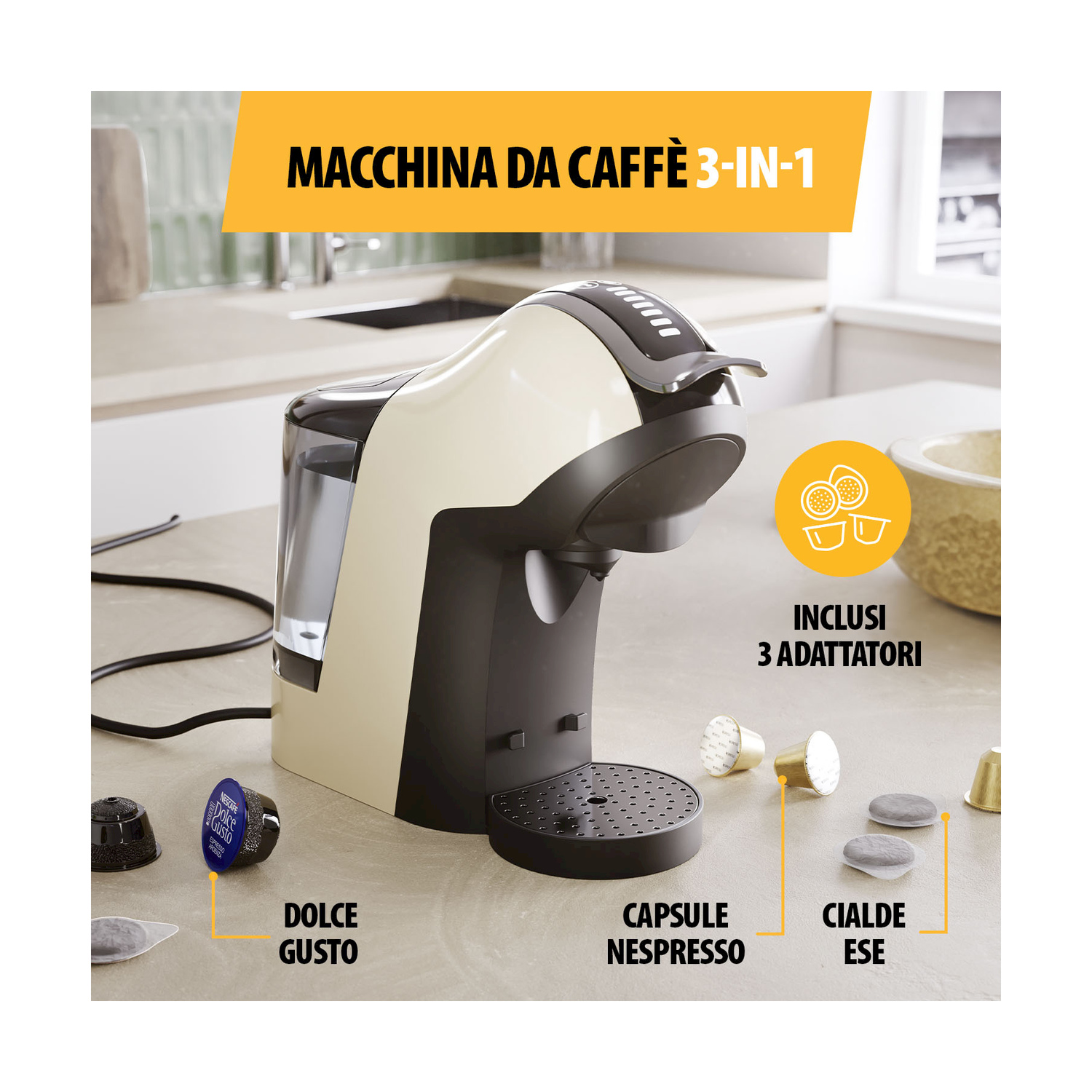 Macchina da caffè con cialde e capsule nelle vicinanze.