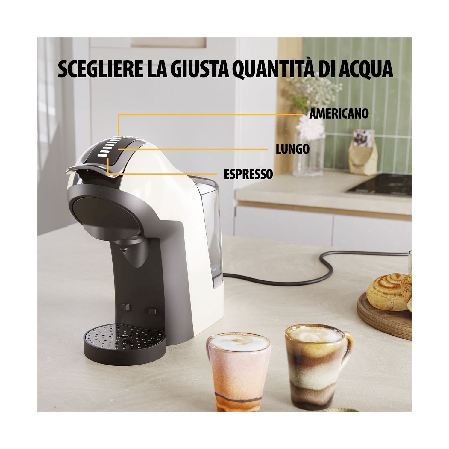 Caffettiera con etichette per espresso, lungo e americano. Due tazze in primo piano. Cucina.