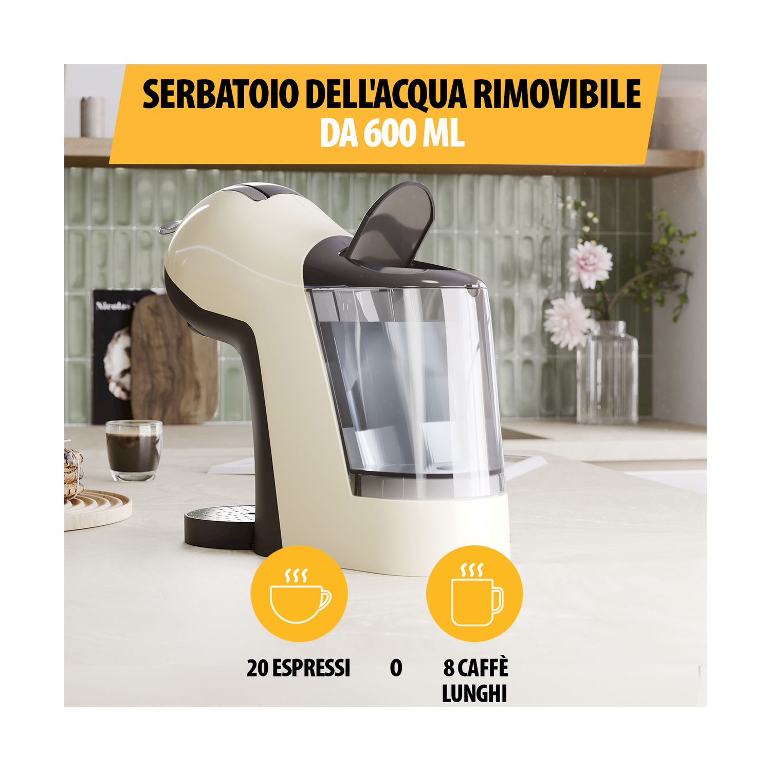 Caffettiera con serbatoio dell'acqua. Testo sulla capacità dell'acqua. Icone di tazze di caffè. Cucina.