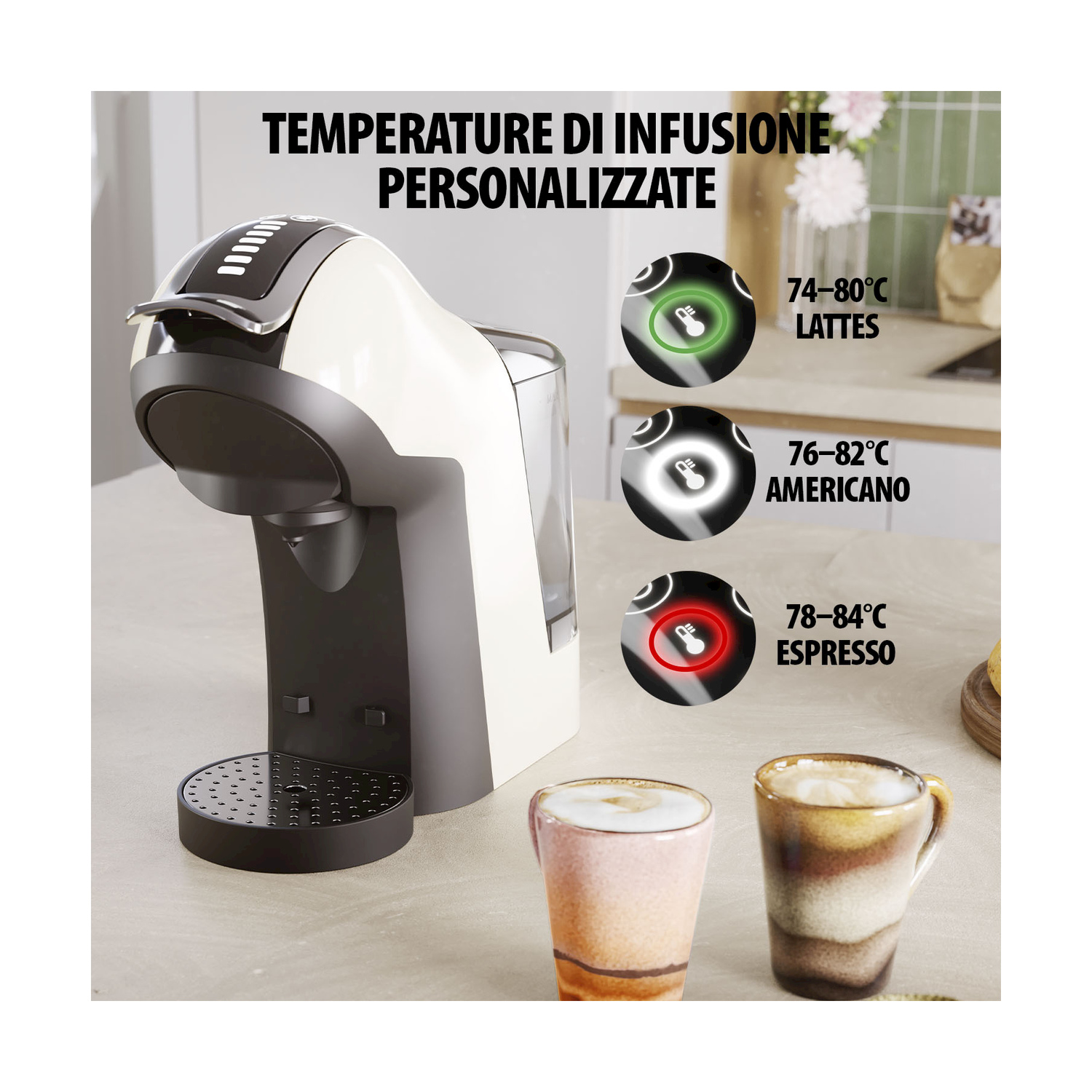 Macchina da caffè con impostazioni di temperatura per latte, americano ed espresso.