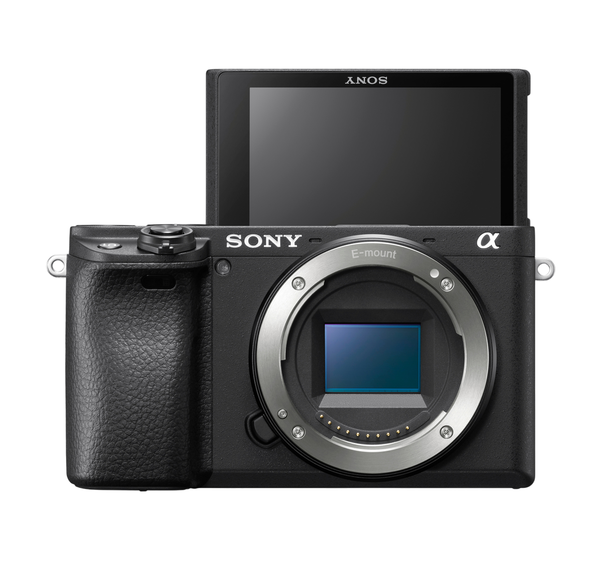 Schwarze Sony-Kamera mit ausklappbarem Bildschirm und Objektiv.