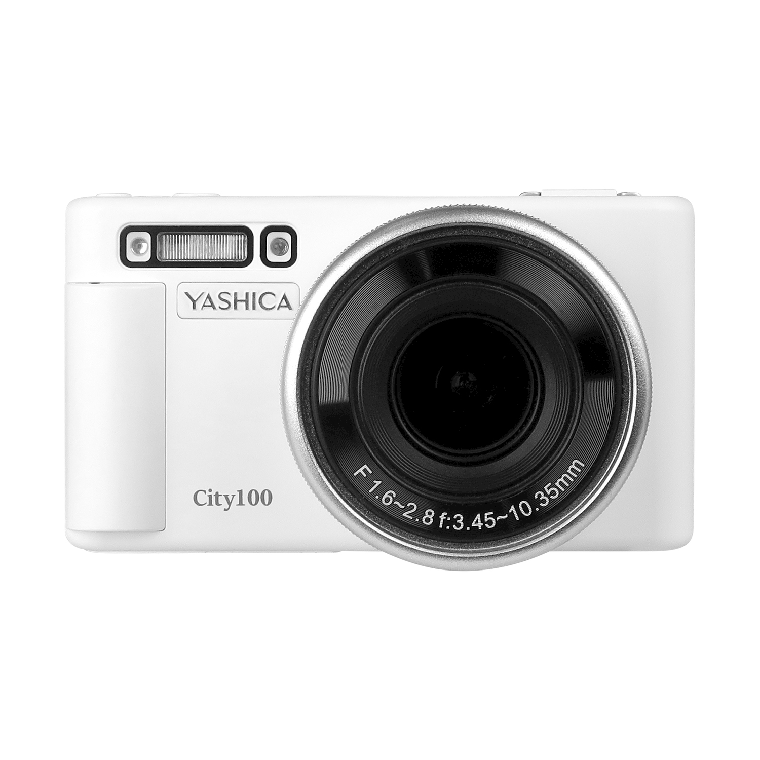 Fotocamera bianca Yashica City100. Vista frontale con obiettivo, flash e logo. Isolato su sfondo bianco.