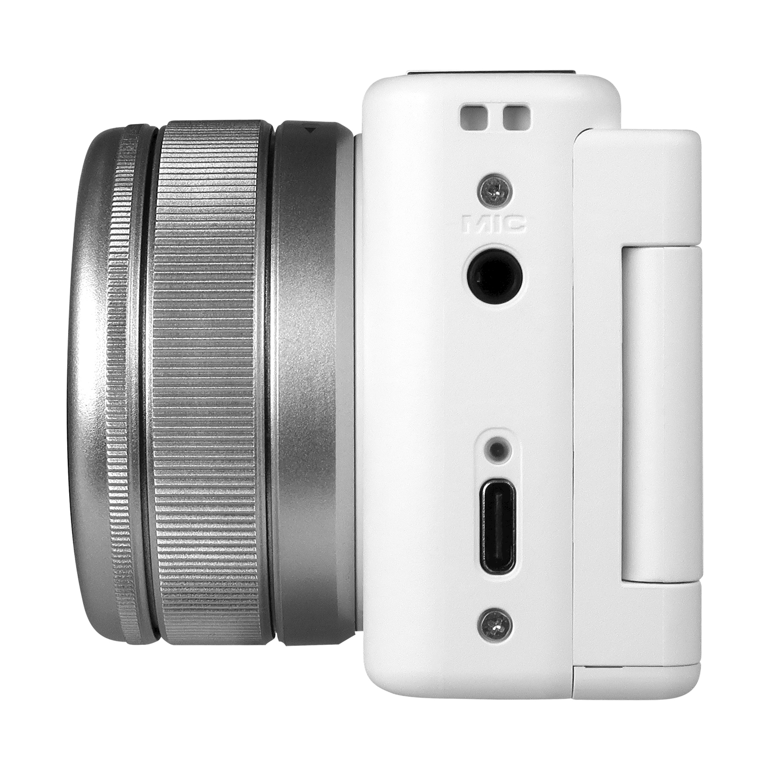 Corpo macchina bianco con obiettivo e porte visibili.
