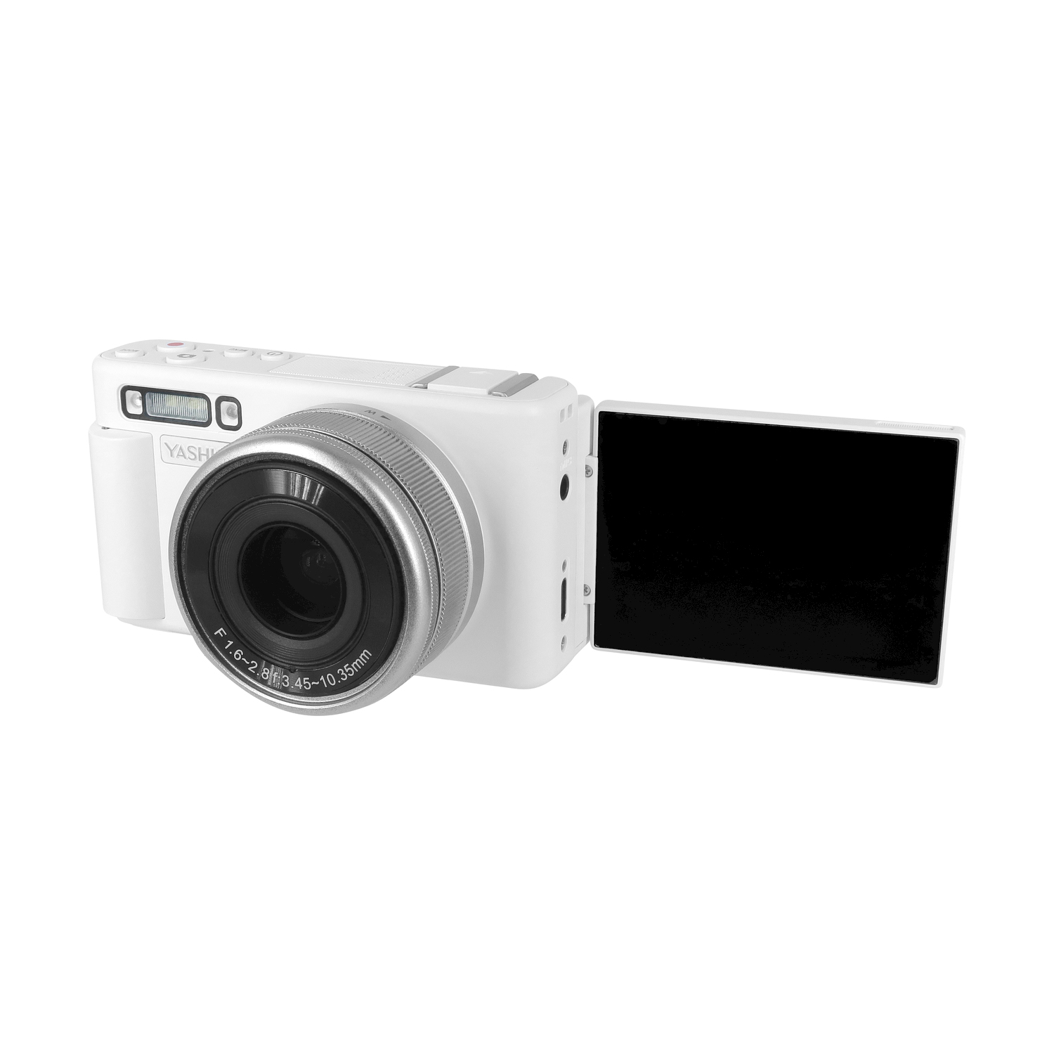 Fotocamera digitale bianca. Lo schermo è aperto, mostrando un display nero. Obiettivo argentato sulla parte anteriore.