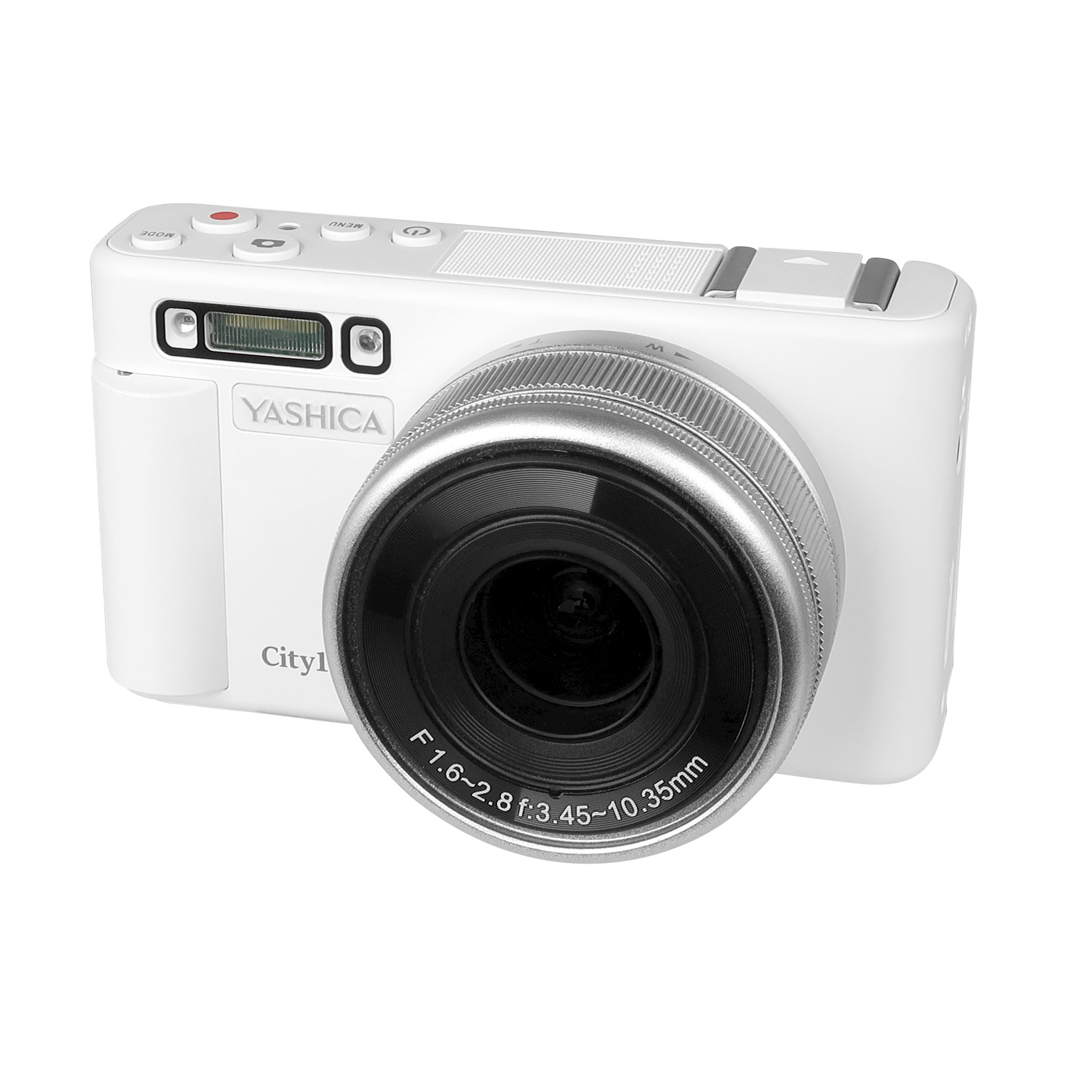 Fotocamera digitale Yashica City1 bianca con obiettivo argentato.