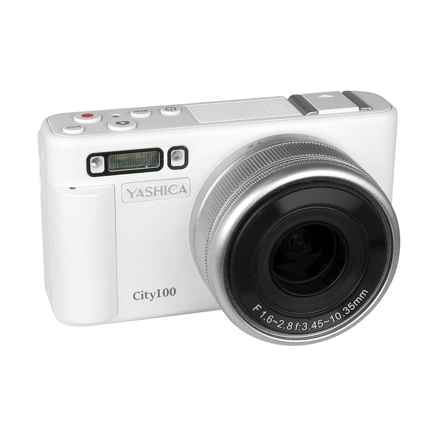 Fotocamera Yashica City100 bianca con obiettivo argentato.