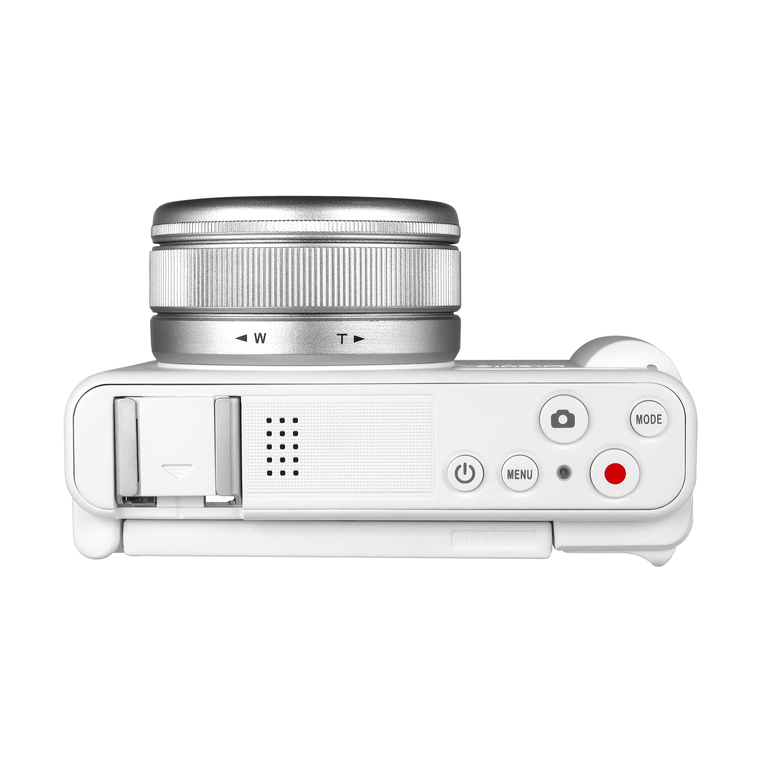 Vista dall'alto di una fotocamera bianca con obiettivo, pulsanti di accensione e menu. Isolato su bianco.