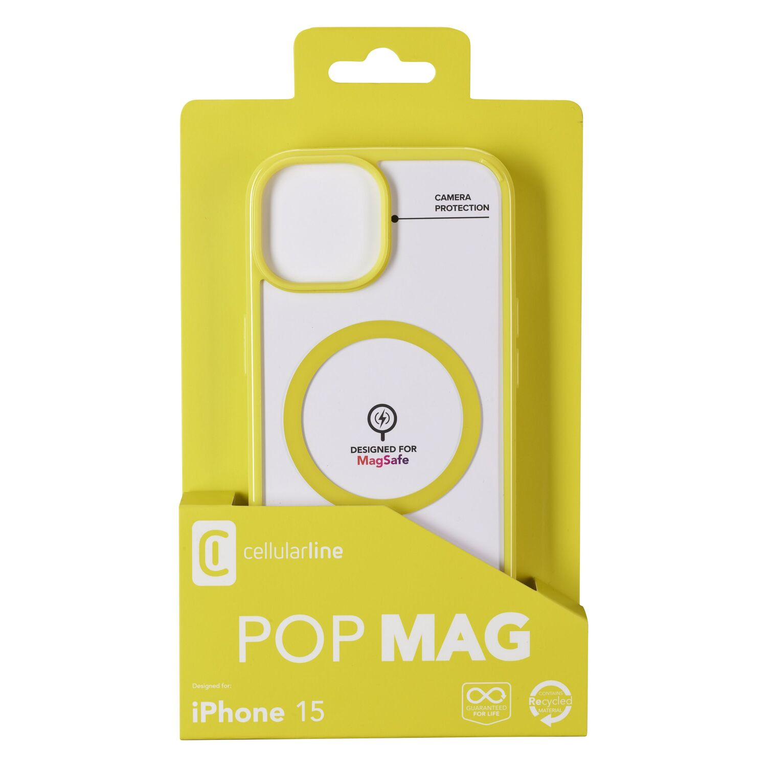 Yellow iPhone 15 case in packaging. White case with camera protection, and a MagSafe circle design.