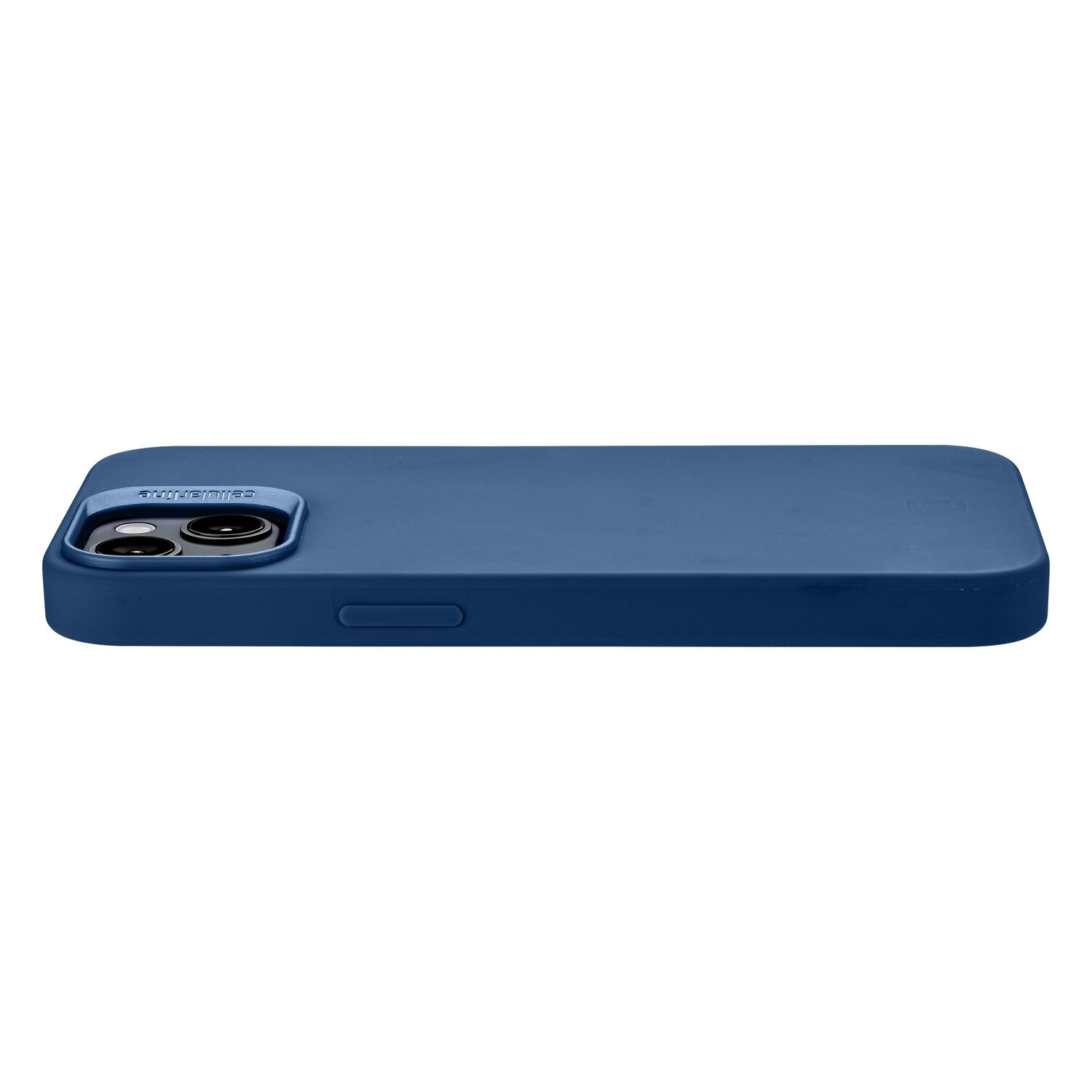 A dark blue phone case, side view, with a camera cutout.