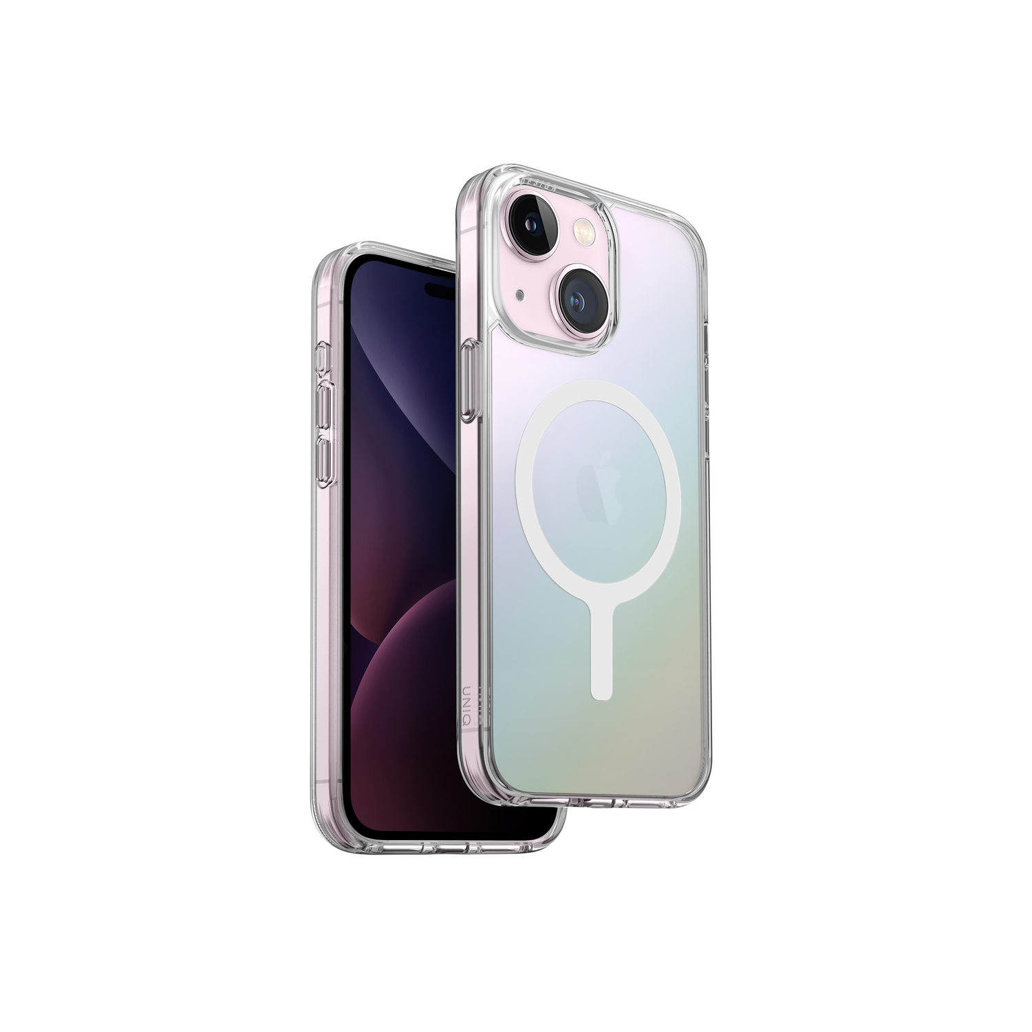 Two iPhone with a clear case. One phone is inside the case.