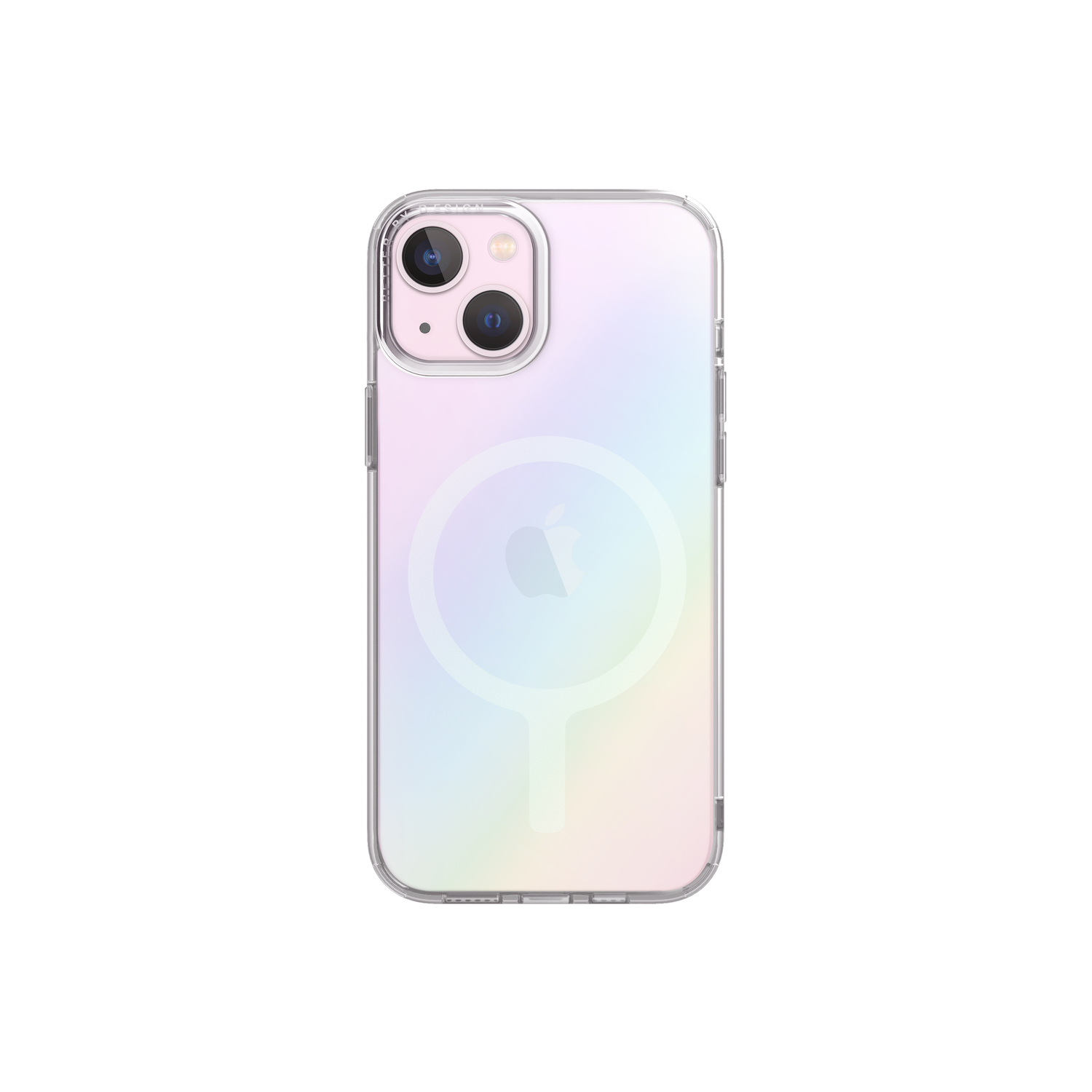 A back view of an iPhone in a clear case with a rainbow-colored gradient.