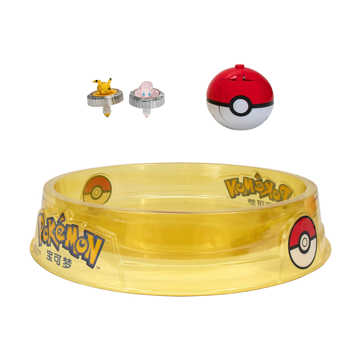 Set di giocattoli Pokemon, include un'arena di battaglia, due trottole e una pokeball.