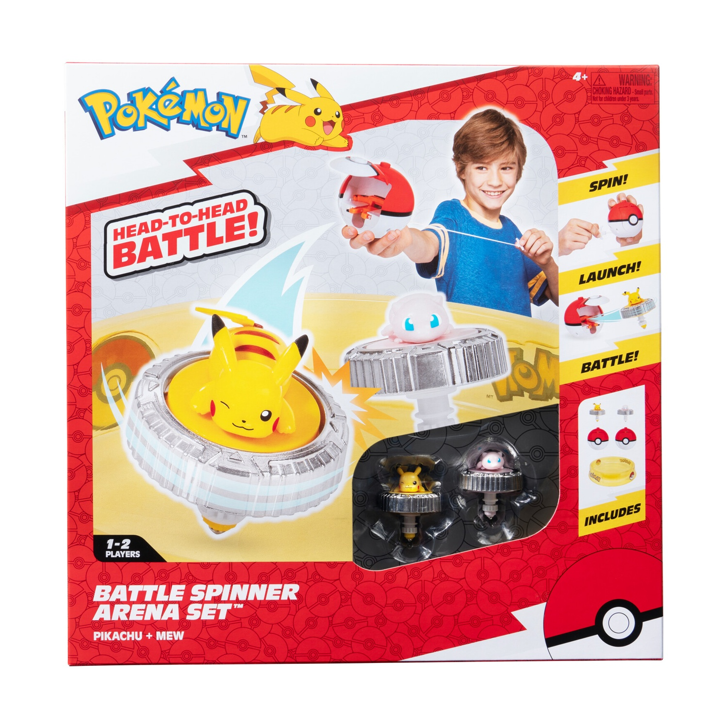 Una scatola del set arena spinner di battaglia Pokemon. C'è un ragazzo che tiene uno spinner.