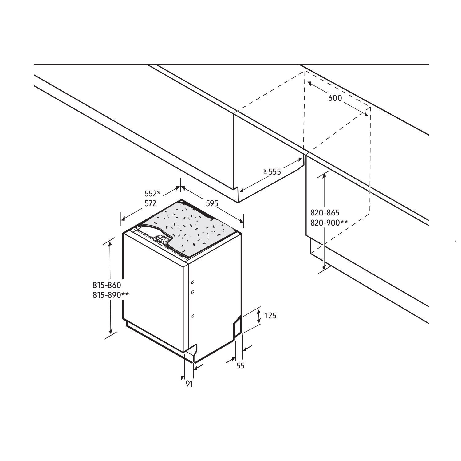 Diagramma di una lavastoviglie a incasso con dimensioni e misure, su sfondo bianco.
