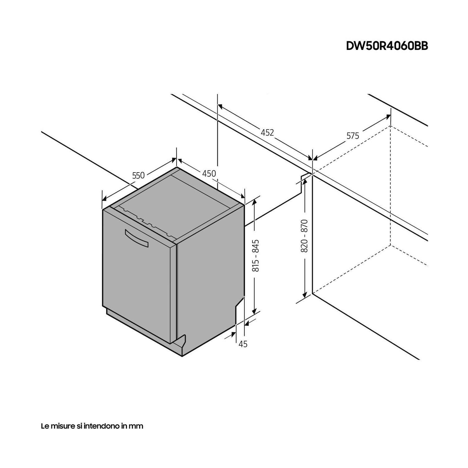 Un diagramma con le dimensioni di una lavastoviglie, che mostra le misure di altezza, larghezza e profondità.