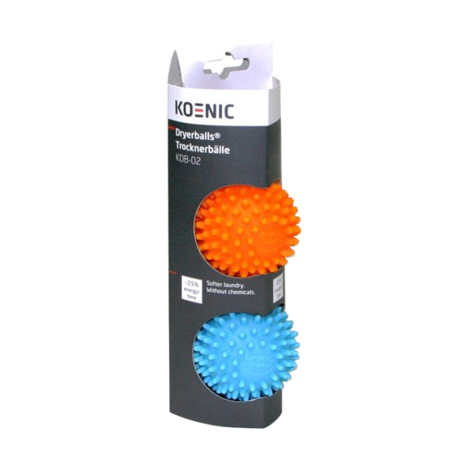 Confezione con due sfere per asciugatrice, una arancione e una blu, con testo.