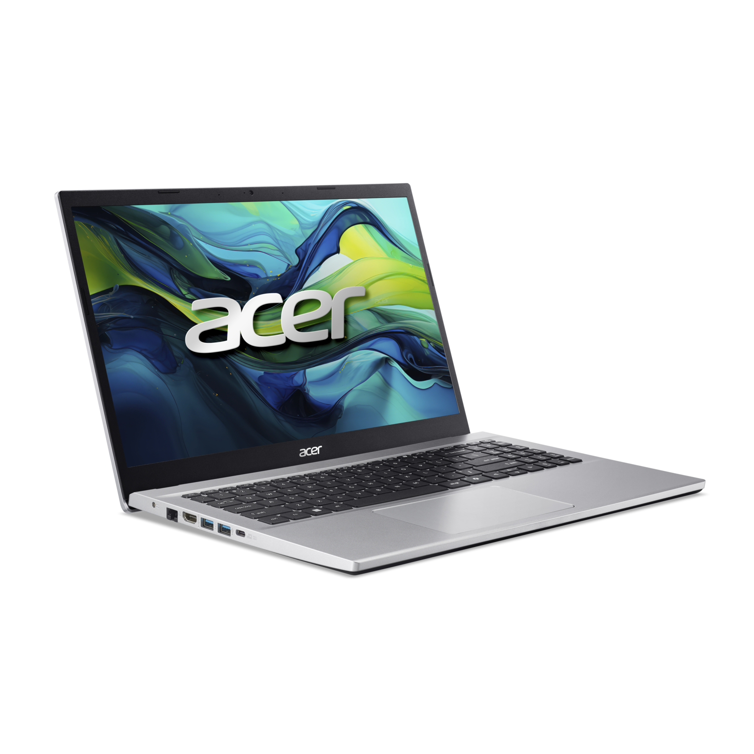Silver laptop with black keyboard and the Acer logo on display.