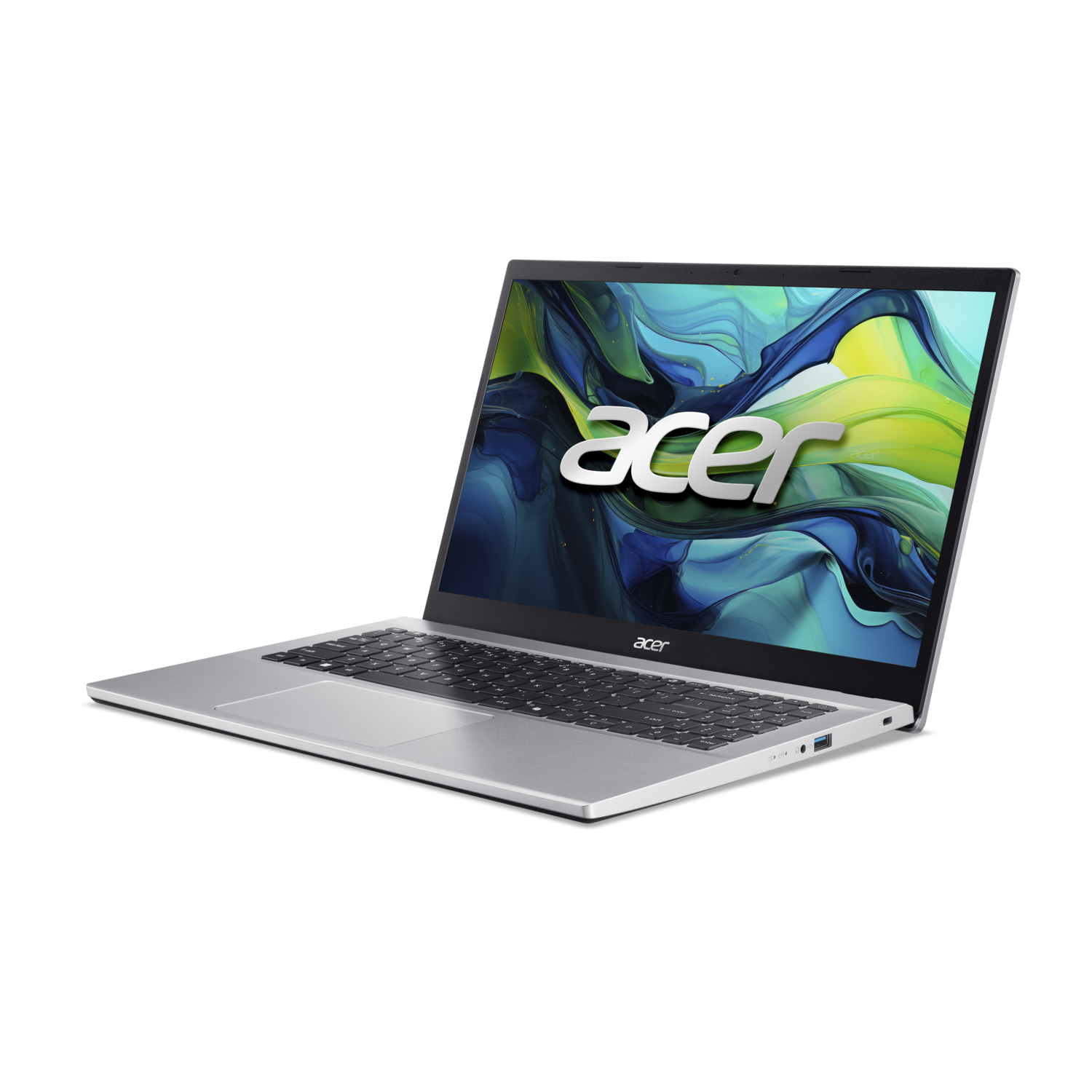 Silver laptop with the Acer logo on a black background, slightly open.