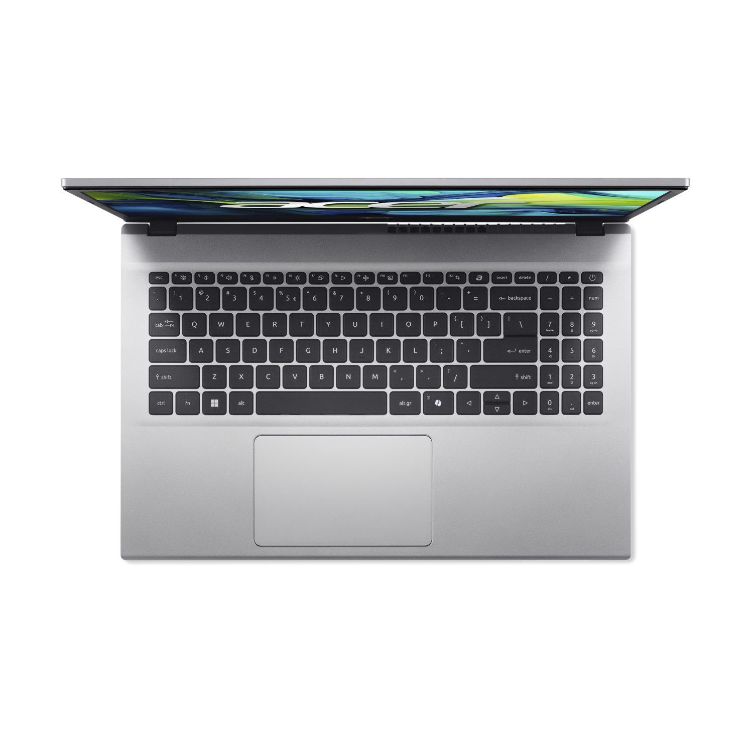 Laptop from above, with open screen, keyboard and a trackpad in a black background.