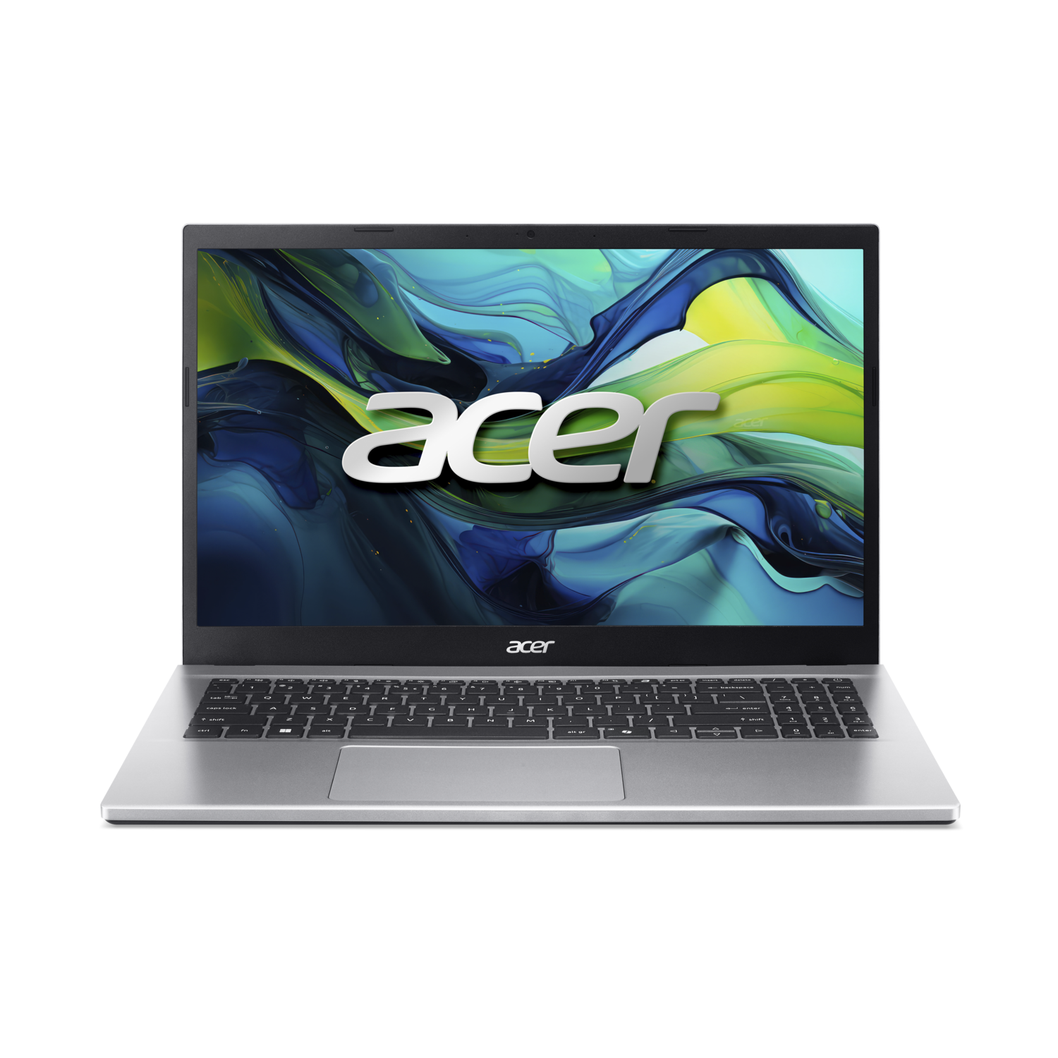 Silver laptop on black background. Screen displays a colorful abstract design with the word Acer.