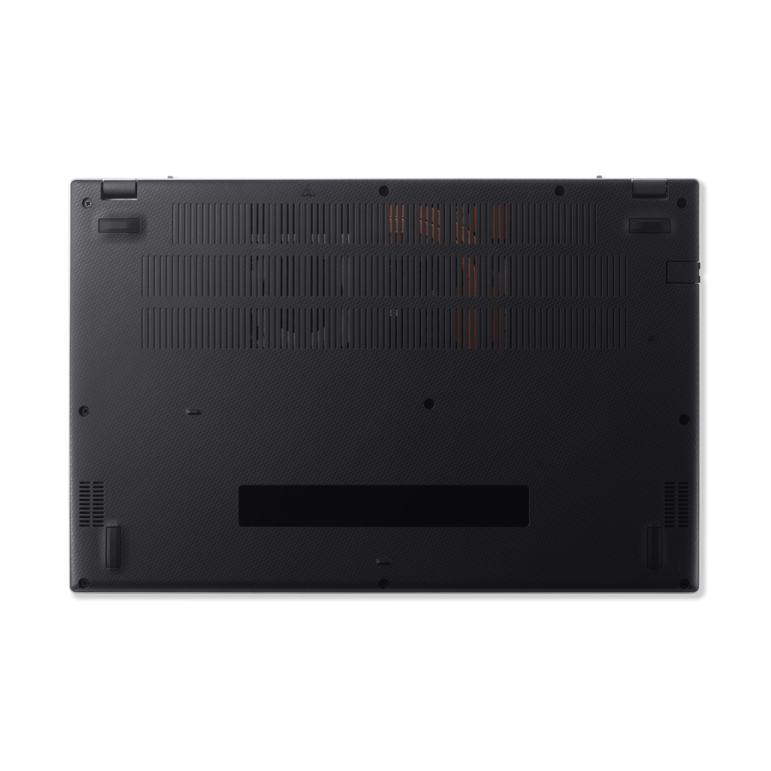 The bottom of a black laptop. The bottom has vents and a patterned surface.