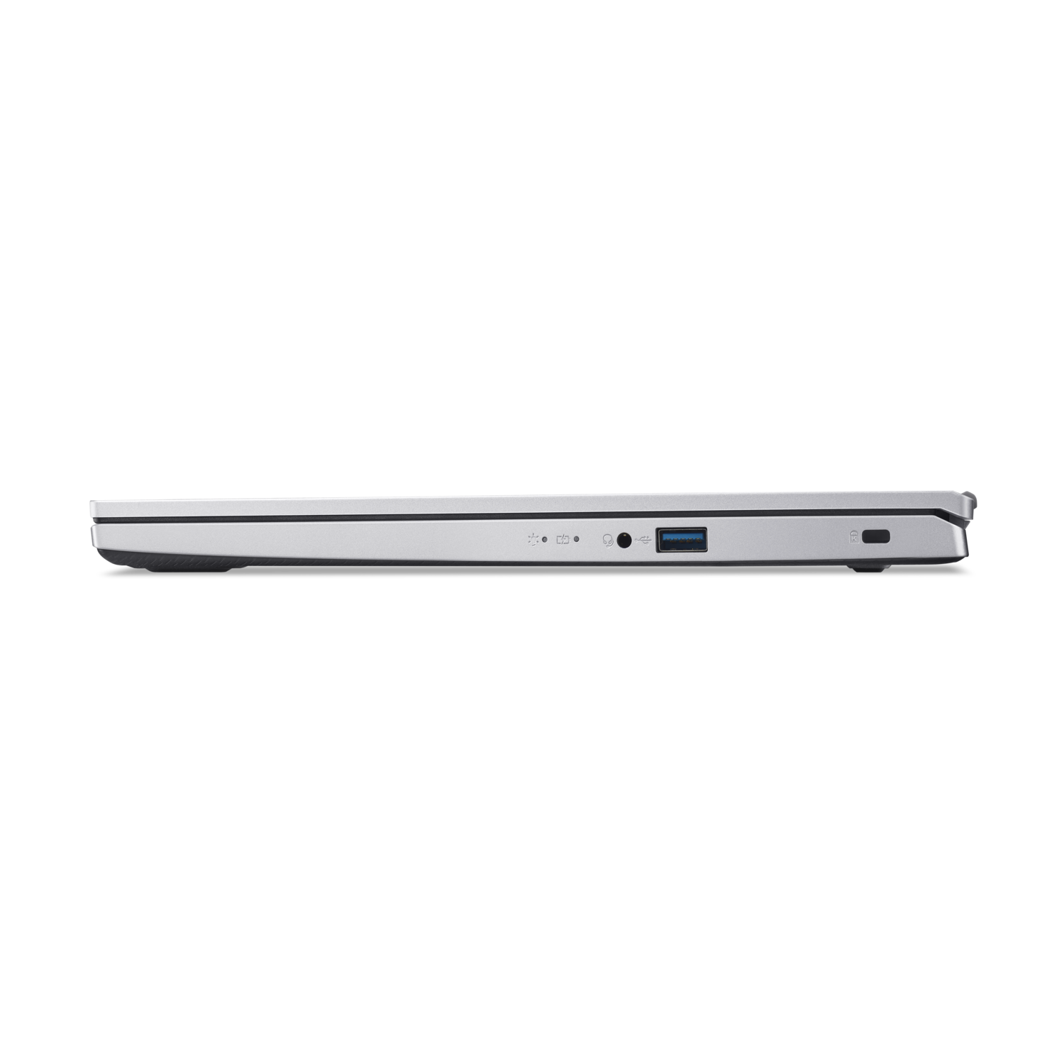 Side view of silver laptop with ports, on black background.