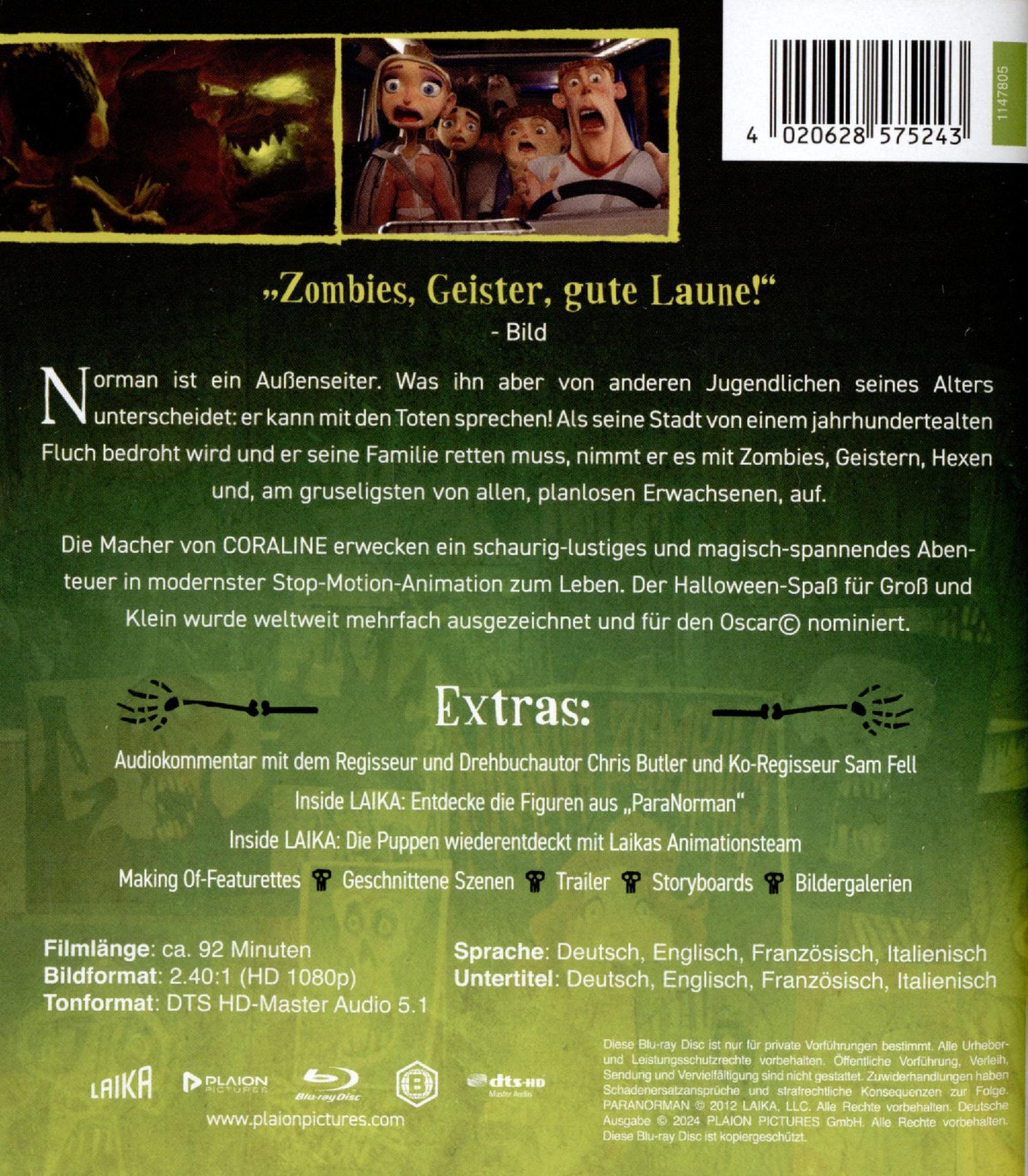 Der DVD-Rücken zeigt Titel, Charaktere und Logos des Films. Der Hintergrund ist grün.