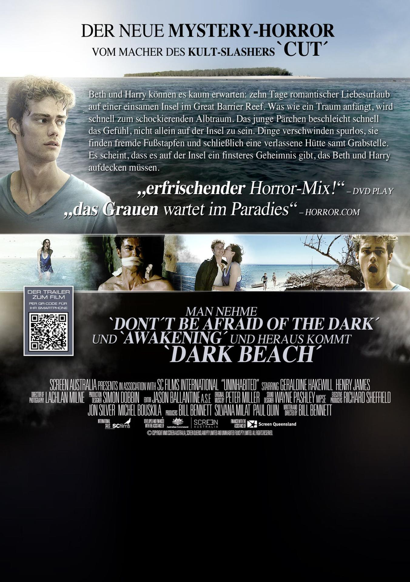 Filmplakat: Dark Beach. Mann auf Insel, andere Filmbilder, Text und Credits.