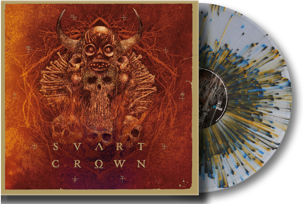 Svart Crown album borító. Díszes, koponya témájú művészet. Fröcskölt bakelit a jobb oldalon. Arany háttér.