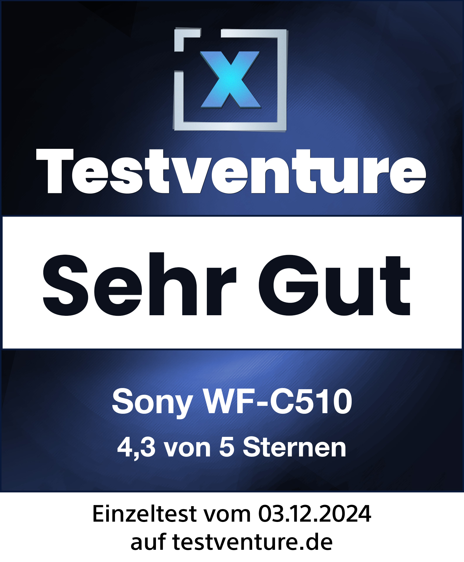 Testventure-Logo mit Text. Produktname: Sony WF-C510. Bewertung: 4,3 von 5 Sternen. Datum: 03.12.2024.