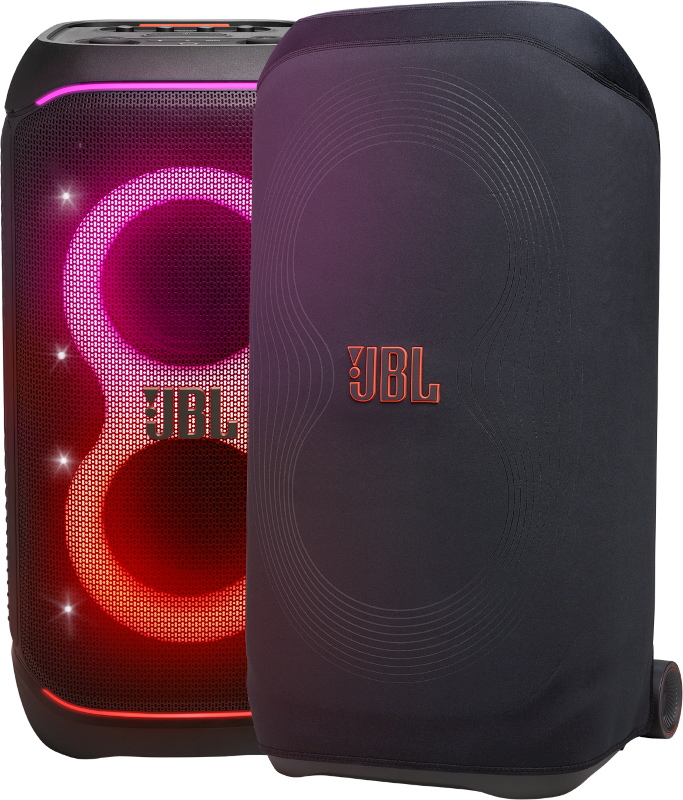 JBL PartyBox-Lautsprecher. Rote, orangefarbene und weiße Lichter beleuchten den Lautsprecher. Schwarze Abdeckung an der Seite.