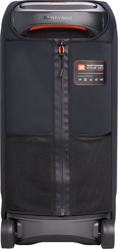 Schwarze Lautsprecherabdeckung auf Rädern mit Taschen und Reißverschluss. JBL PartyBox-Logo ist sichtbar.