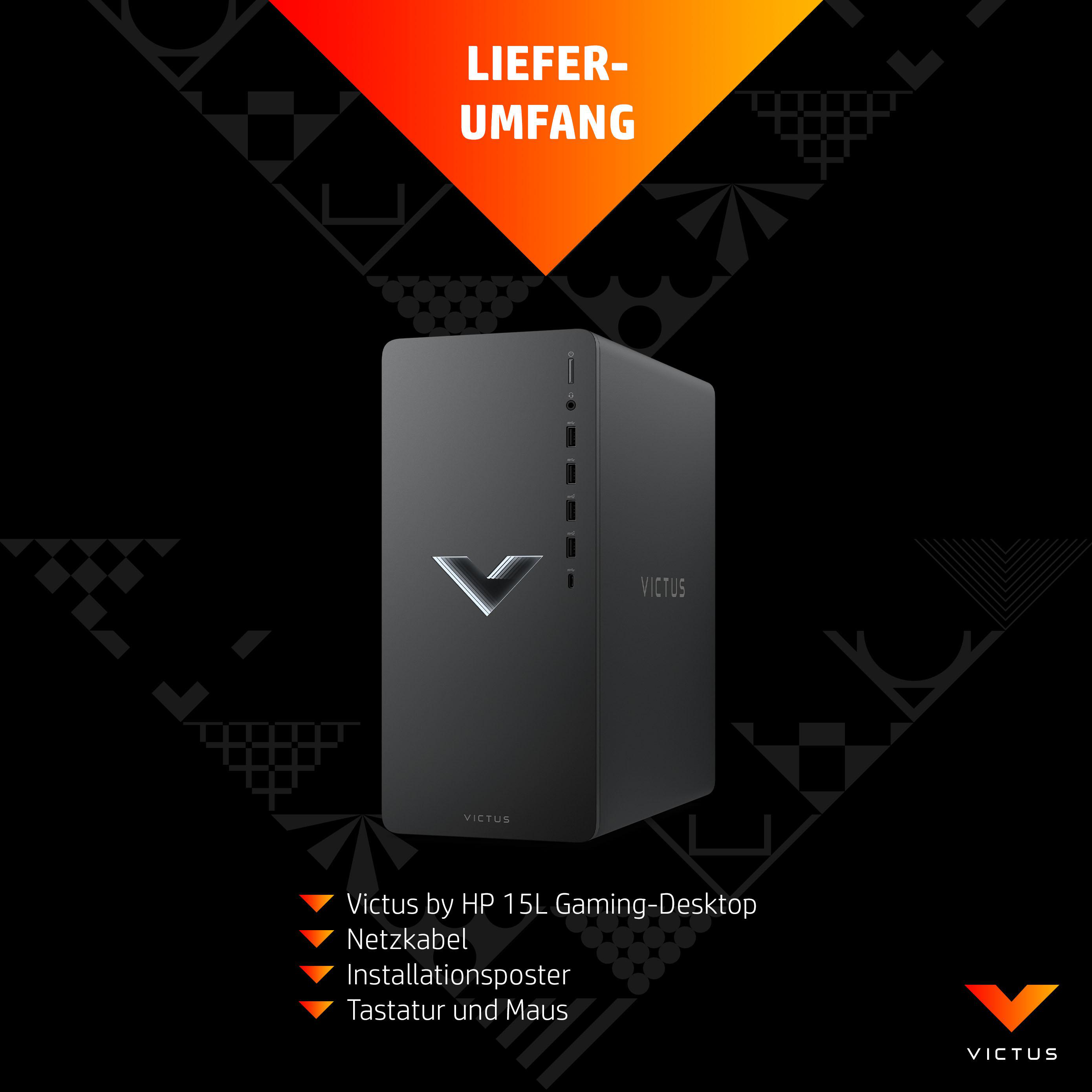 Ein VICTUS by HP 15L Gaming-Desktop, mit einem schwarzen Gehäuse und einem rautenförmigen Logo.