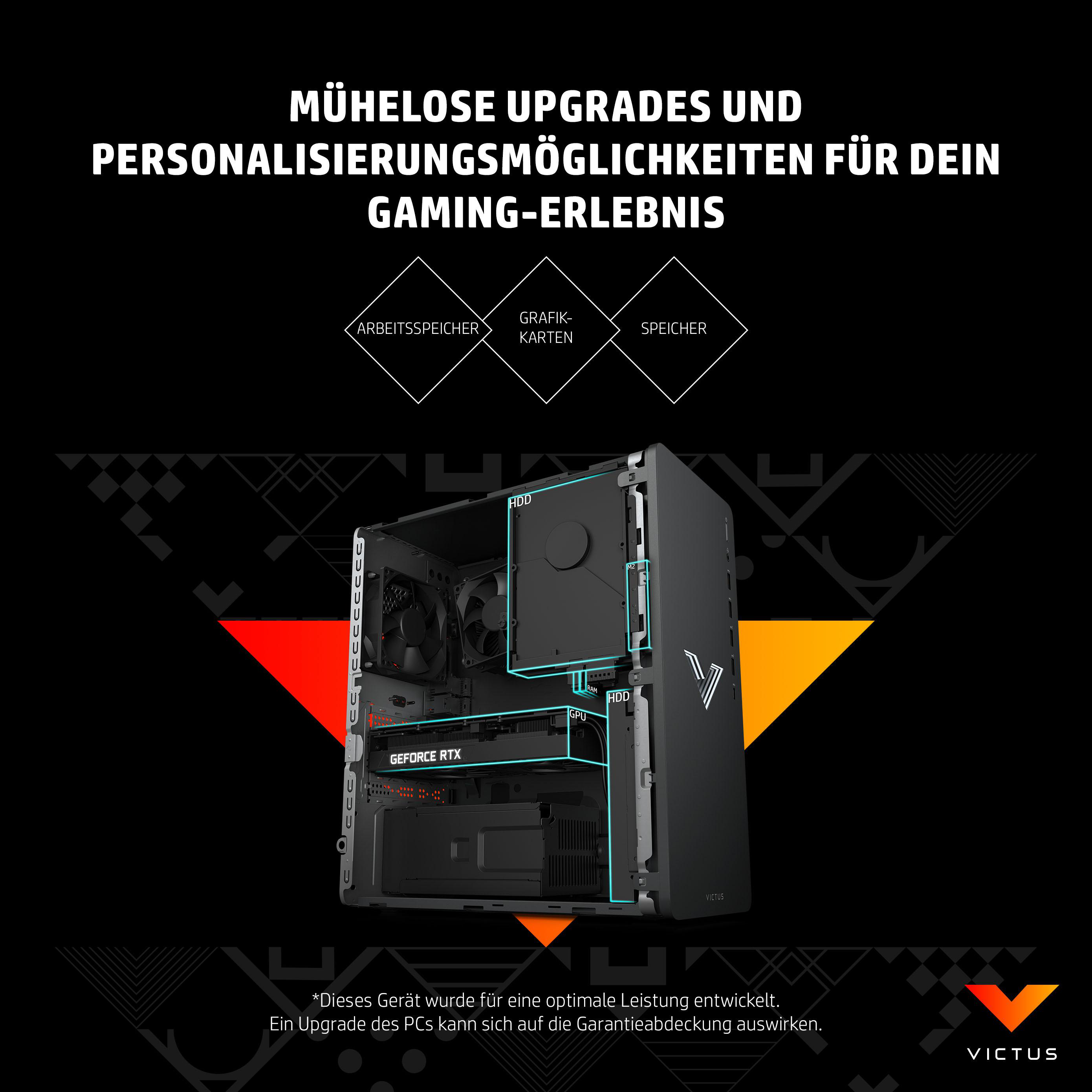 Ein Computergehäuse mit Komponenten im Inneren, ein Text über Gaming und ein Logo unten.