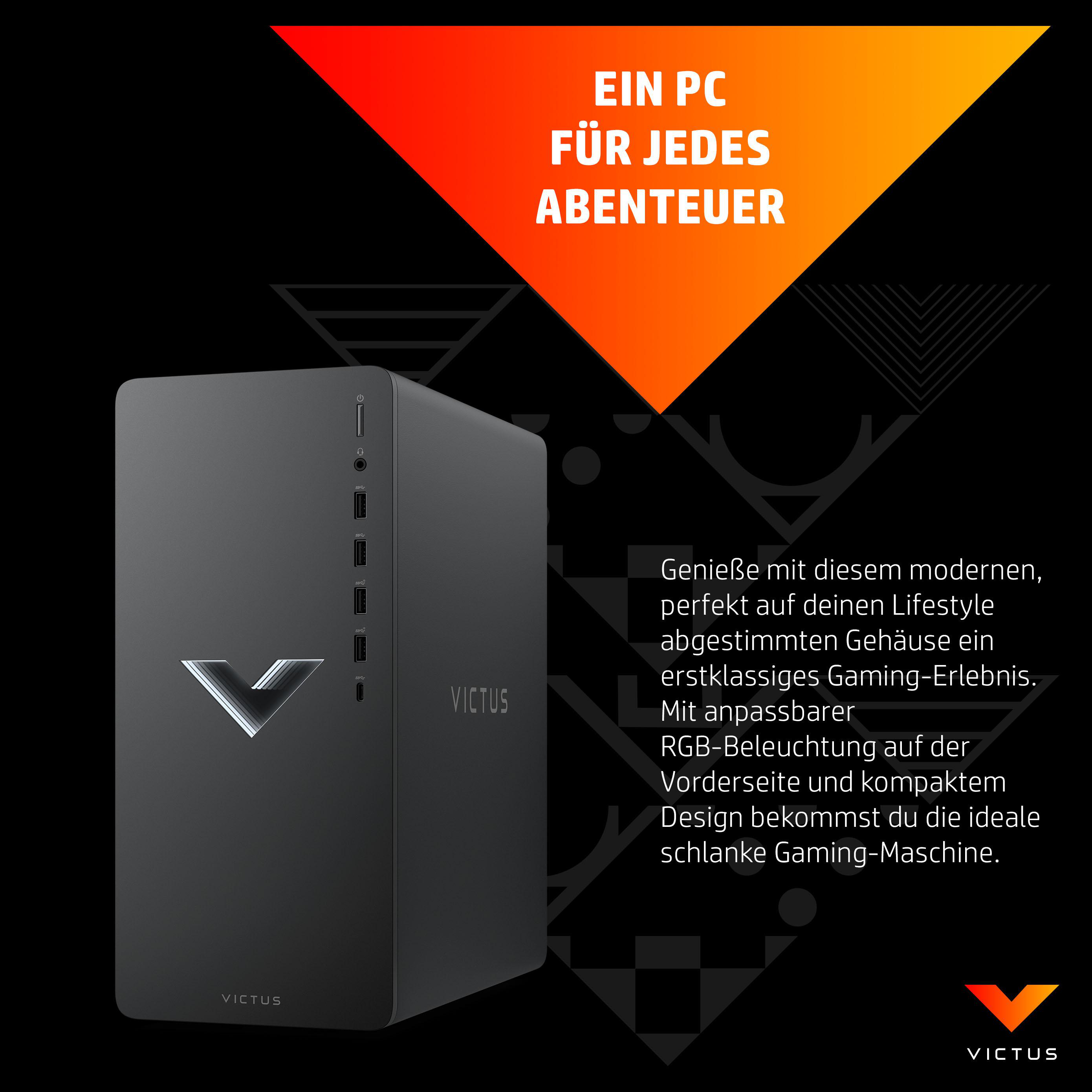 PC mit futuristischem Design, schwarz, mit dem Victus-Logo.