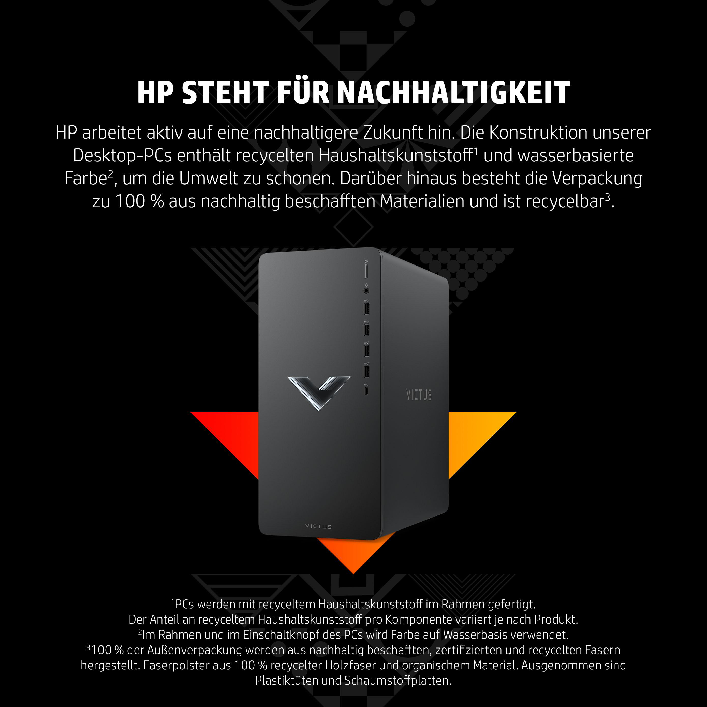Schwarzer Computerturm mit Victus-Logo und Text, mit orangefarbenen und roten Dreiecken.