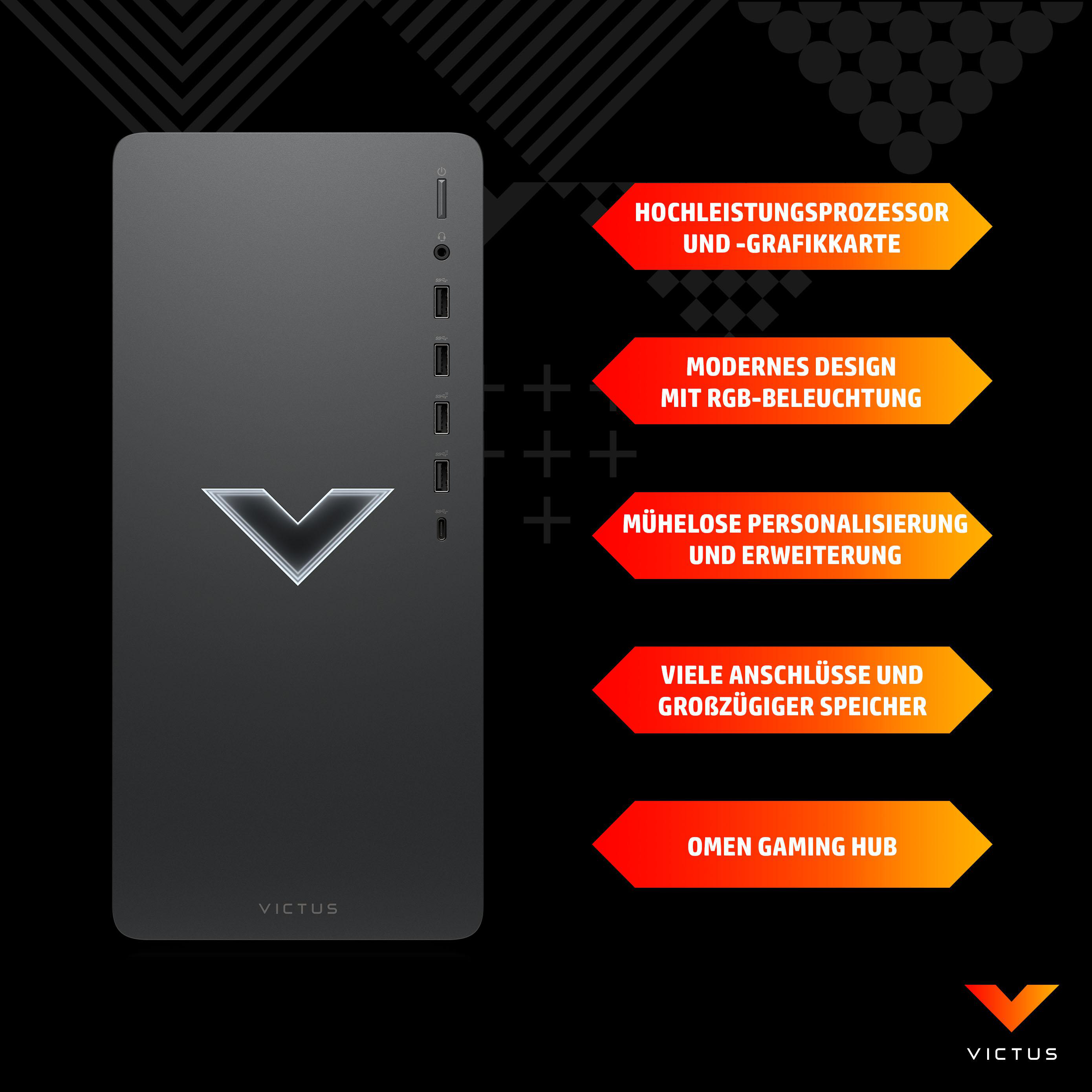 Schwarzer Victus Desktop-Computer mit Textbeschreibungen rechts.