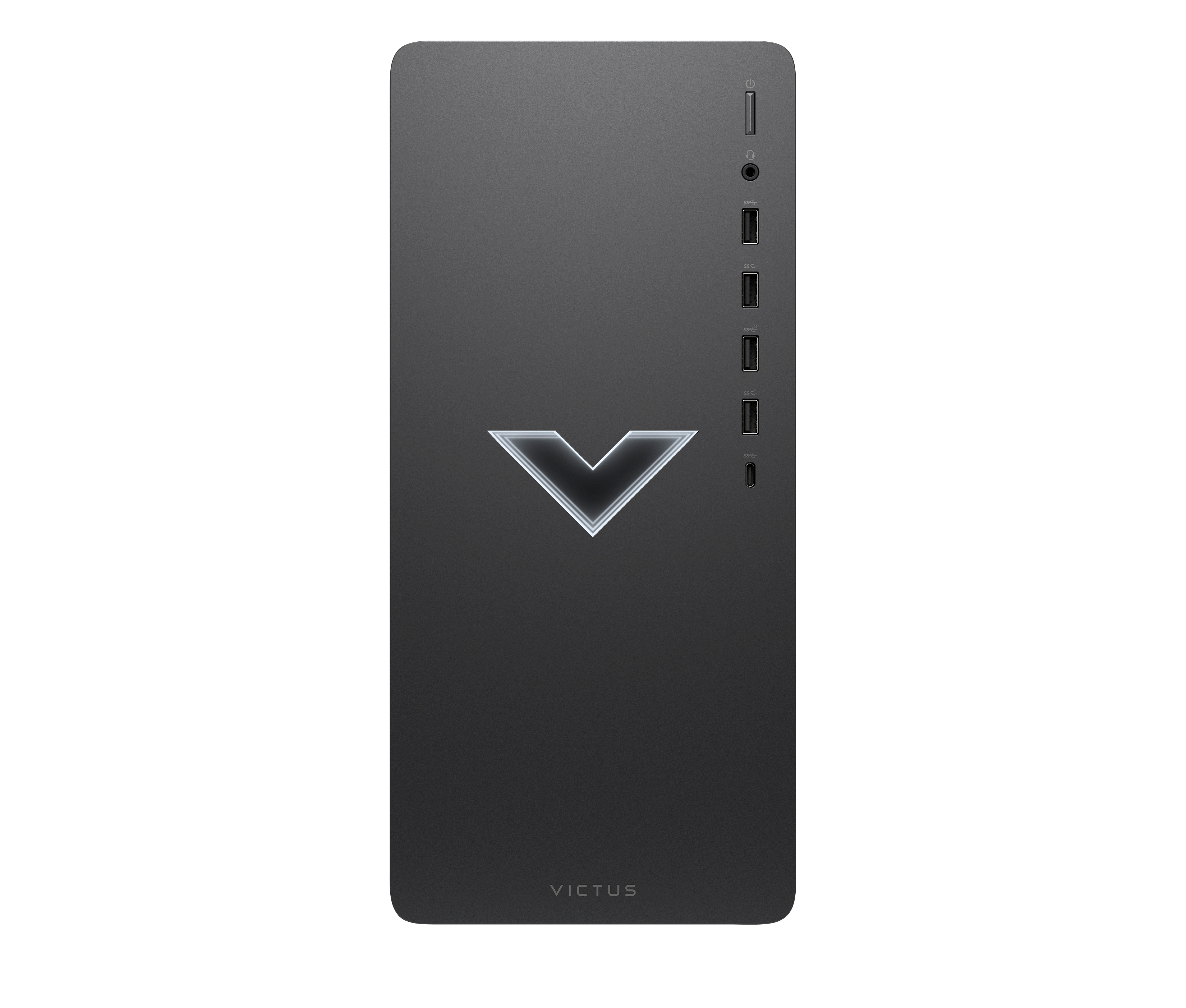 Schwarzer Victus PC-Tower mit Victus-Logo in der Mitte und einer Reihe von Anschlüssen auf der rechten Seite.