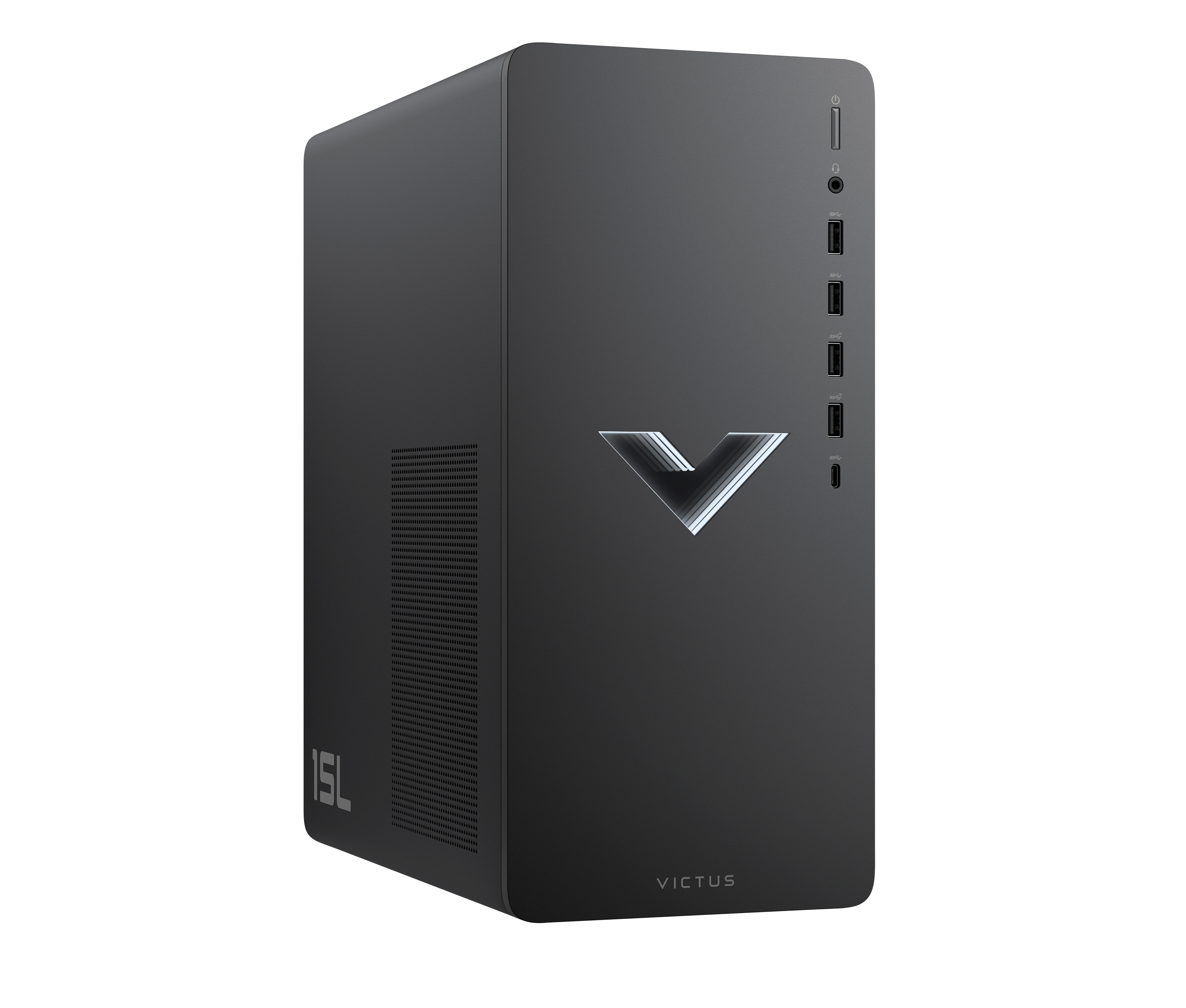 Schwarzer Computerturm mit silbernem Victus-Logo und mehreren Anschlüssen auf der Frontplatte.