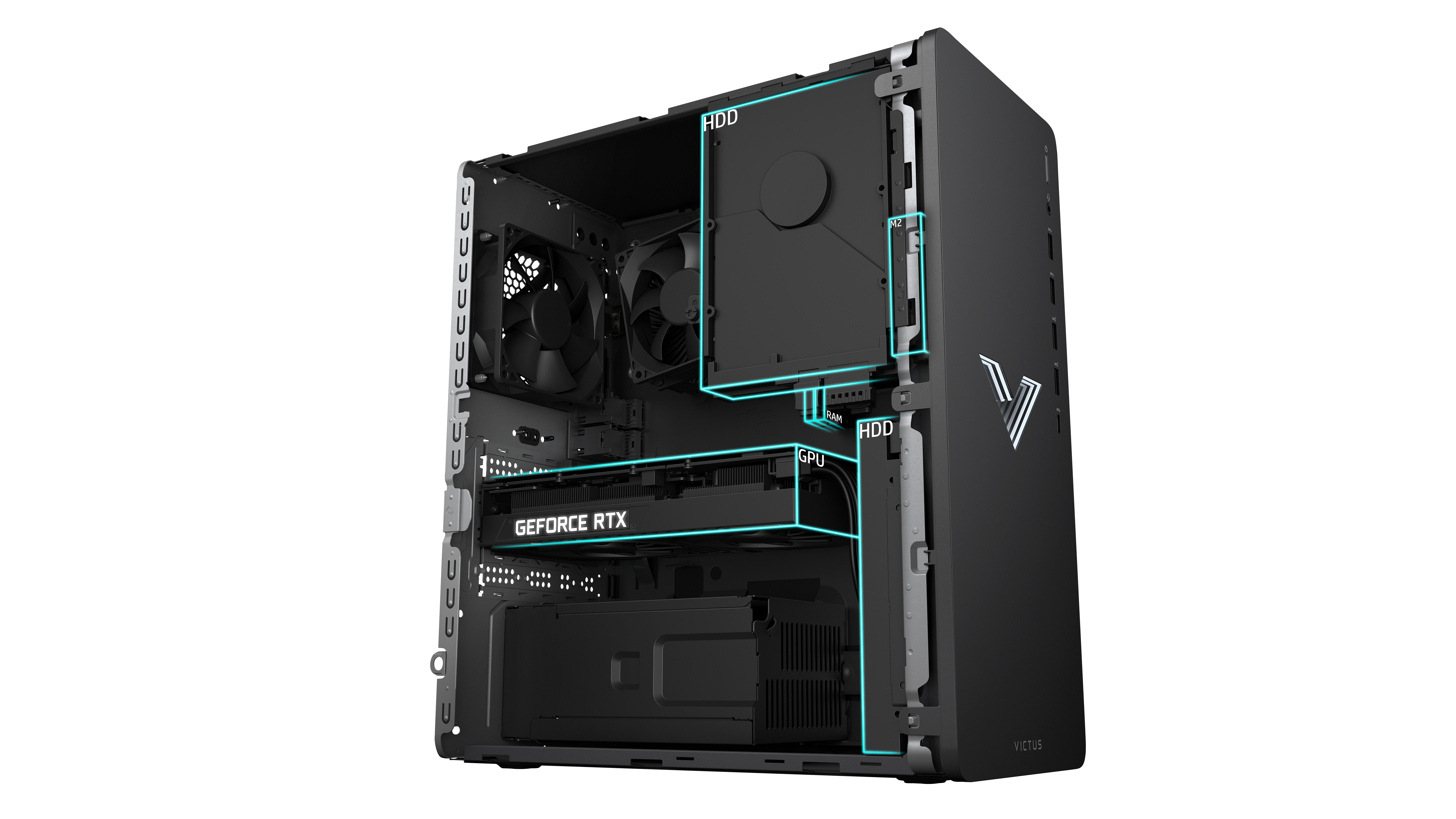 Innenansicht eines schwarzen Computergehäuses mit internen Komponenten wie GPU, HDD und Lüftern.