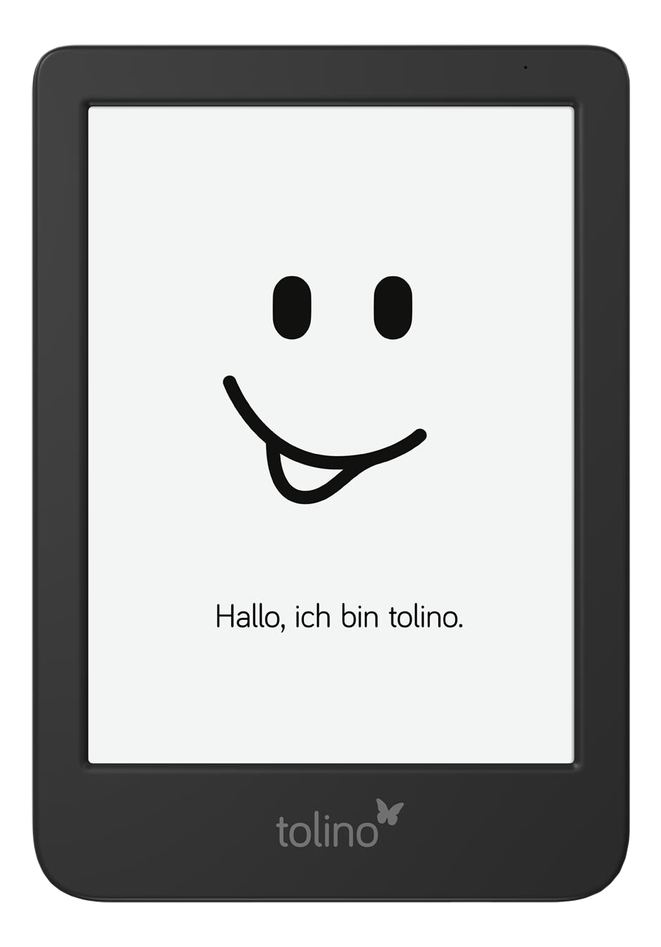 E-reader nero con un volto sorridente sullo schermo, il testo dice 'Hallo, ich bin tolino.'