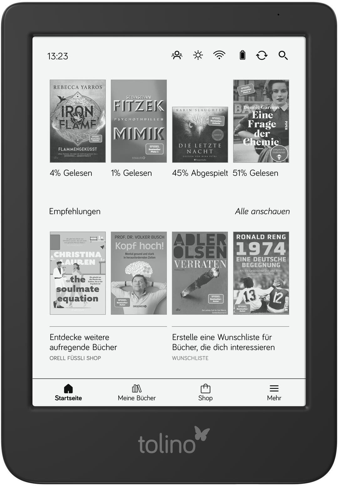 E-reader che mostra copertine di libri e menu.