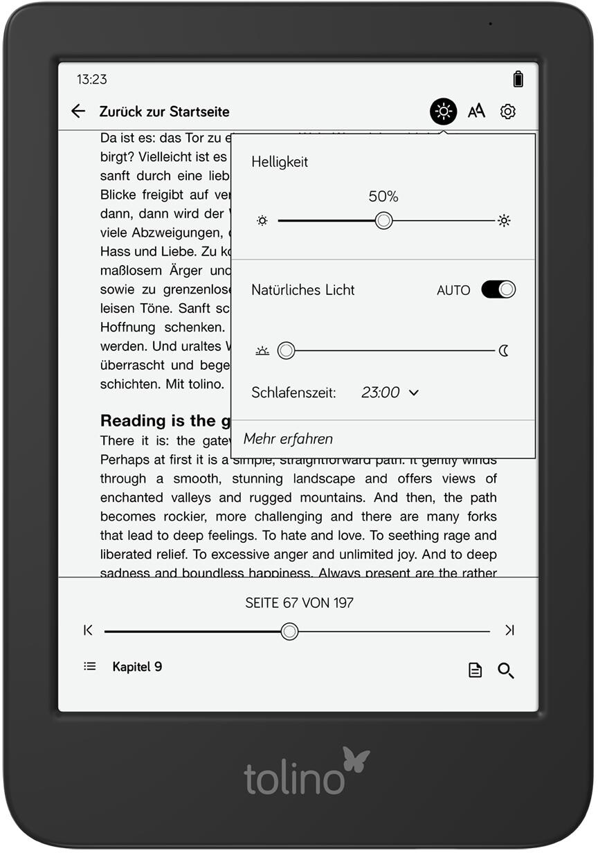 E-reader con schermo che mostra impostazioni e testo.