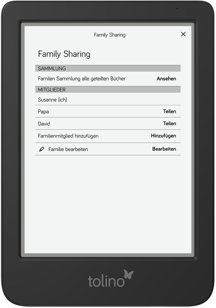 Schermo e-reader che mostra le opzioni 'Condivisione familiare', inclusi condivisione, membri e impostazioni.