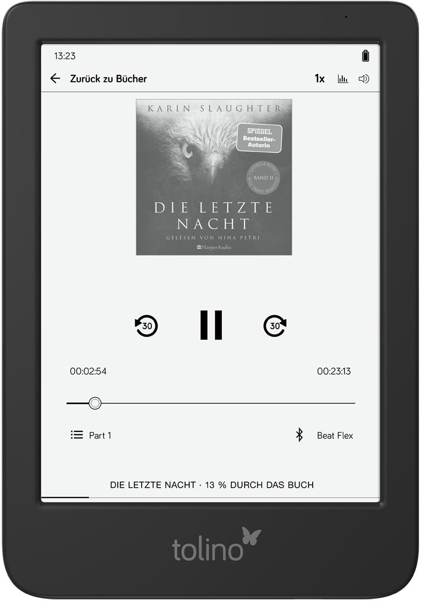 E-reader con copertina sullo schermo, pulsanti di controllo e una barra di avanzamento.
