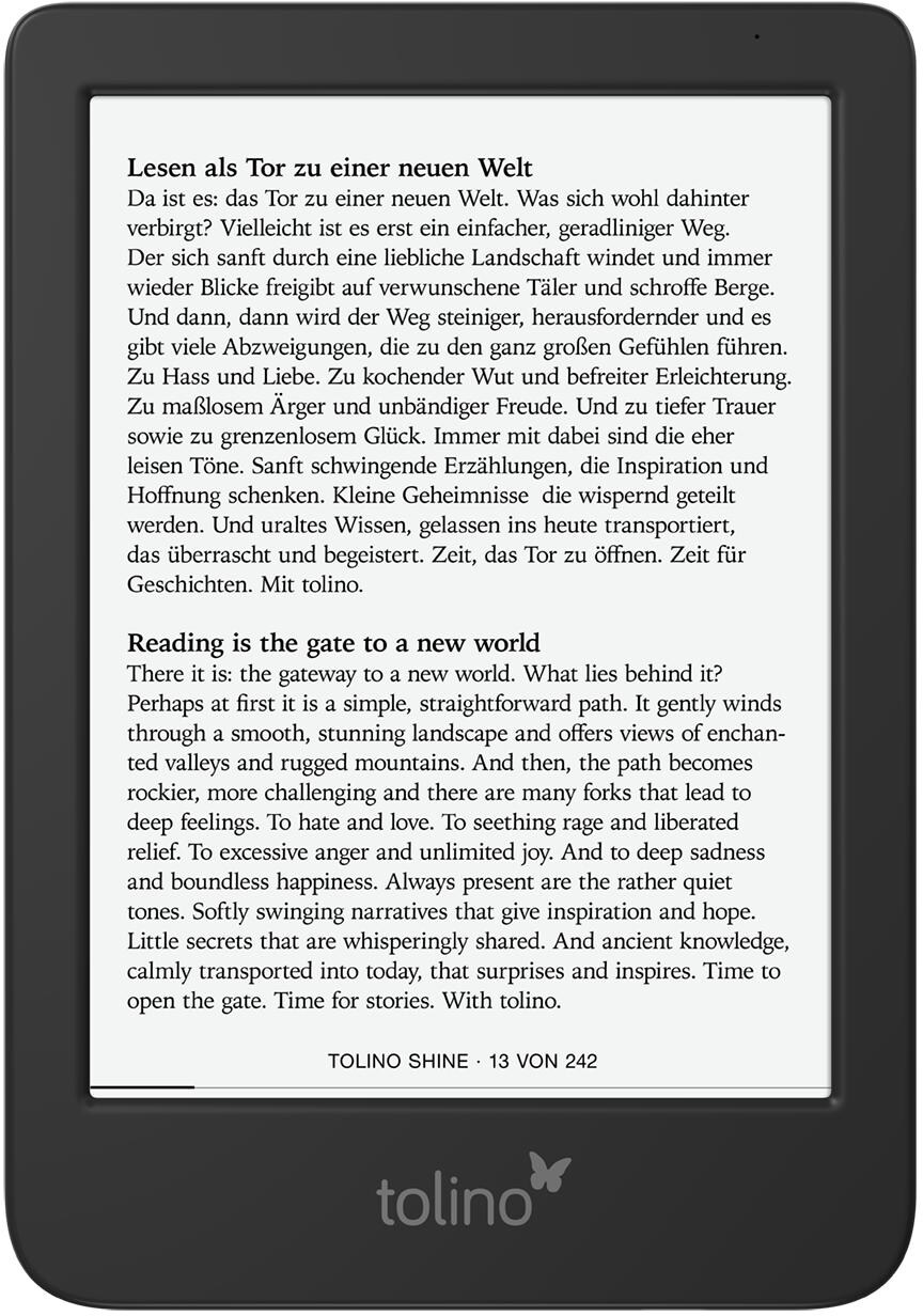 E-reader che mostra testo sulla lettura come porta verso un nuovo mondo. Testo in inglese e tedesco.